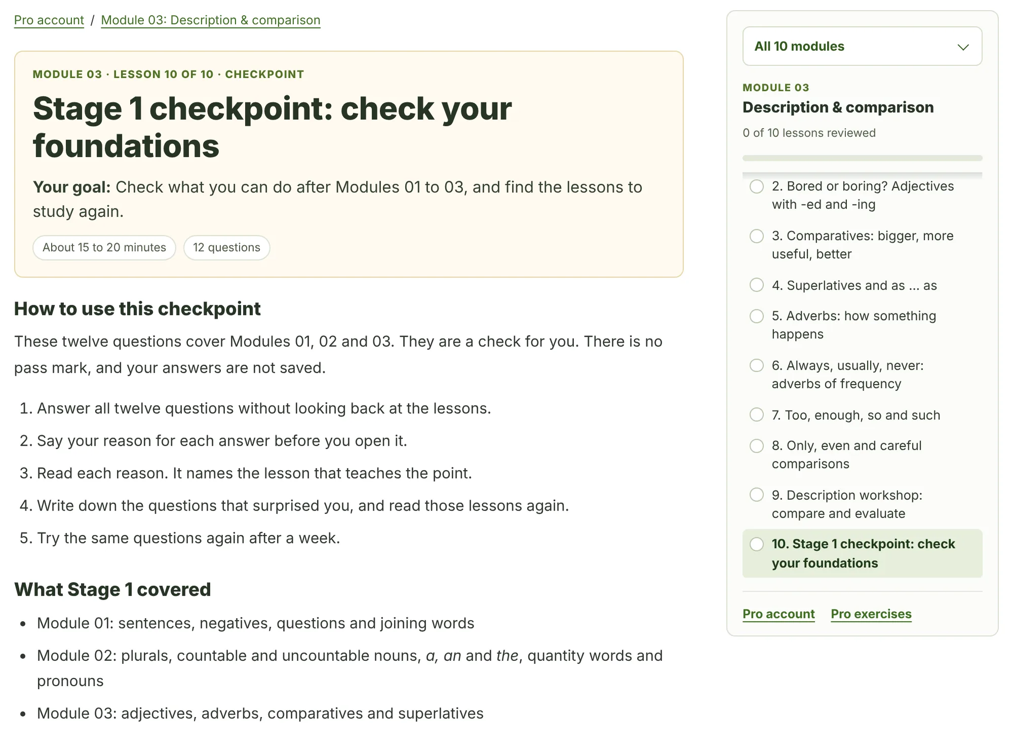 The Stage 1 checkpoint page: the heading, your goal, about 15 to 20 minutes, 12 questions, the five steps of How to use this checkpoint and What Stage 1 covered, with the lesson list of Module 03 in the sidebar.