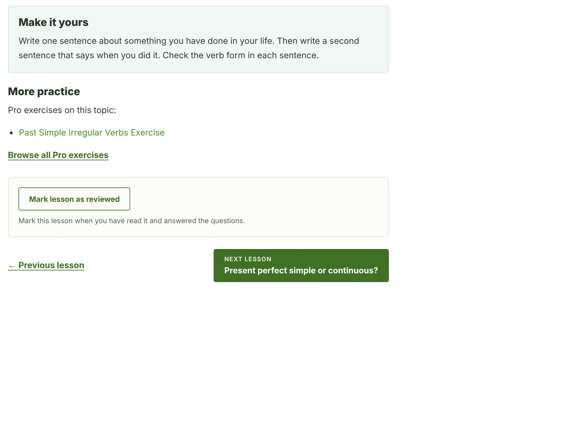 The end of the lesson: a Make it yours writing task, a link to a related Pro exercise, a Mark lesson as reviewed button and the links to the previous and the next lesson.