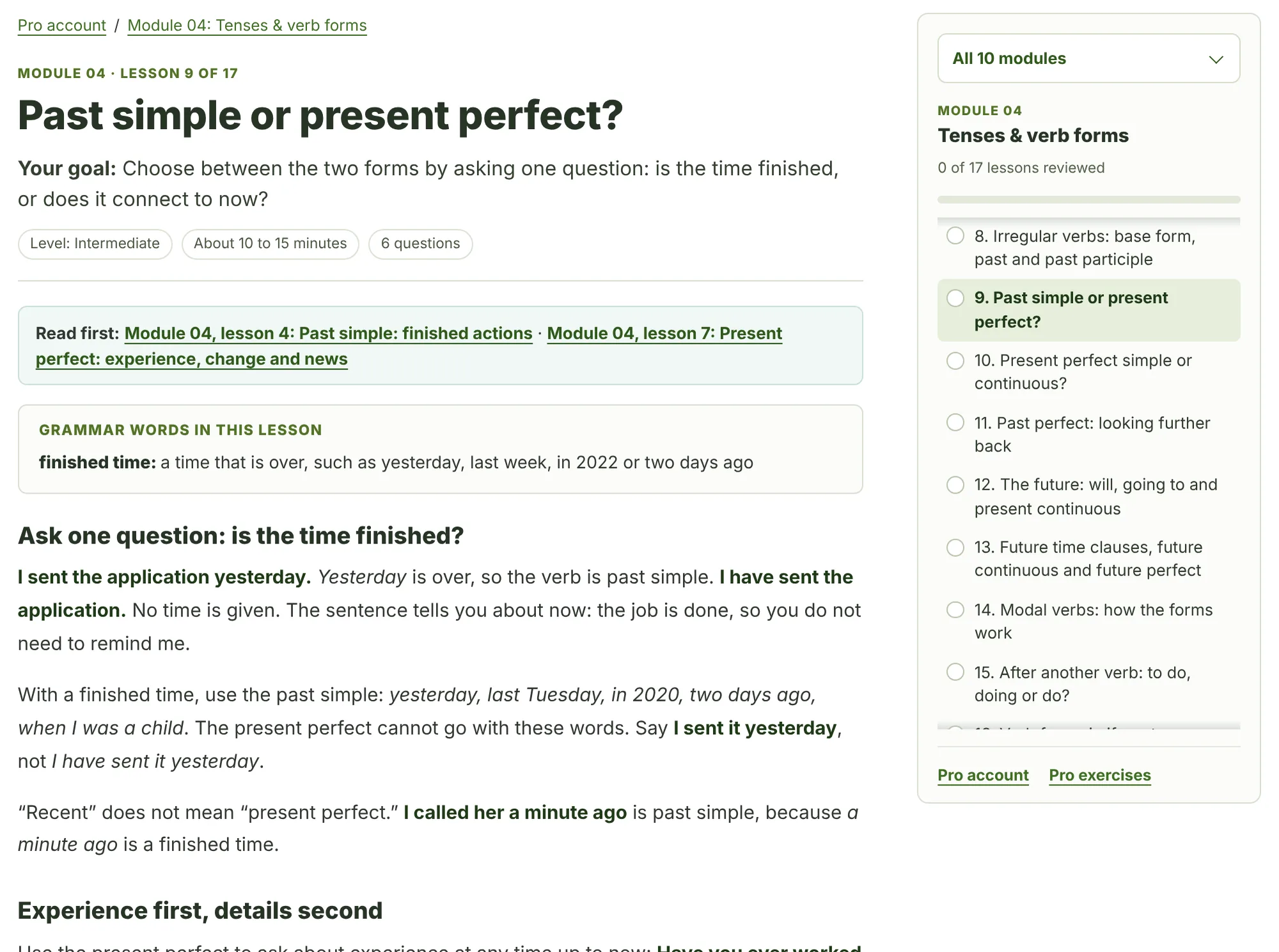 The lesson Past simple or present perfect?: your goal, the level, about 10 to 15 minutes, 6 questions, the lessons to read first, a grammar word explained, and the first section of the explanation, with the lesson list of Module 04 in the sidebar.