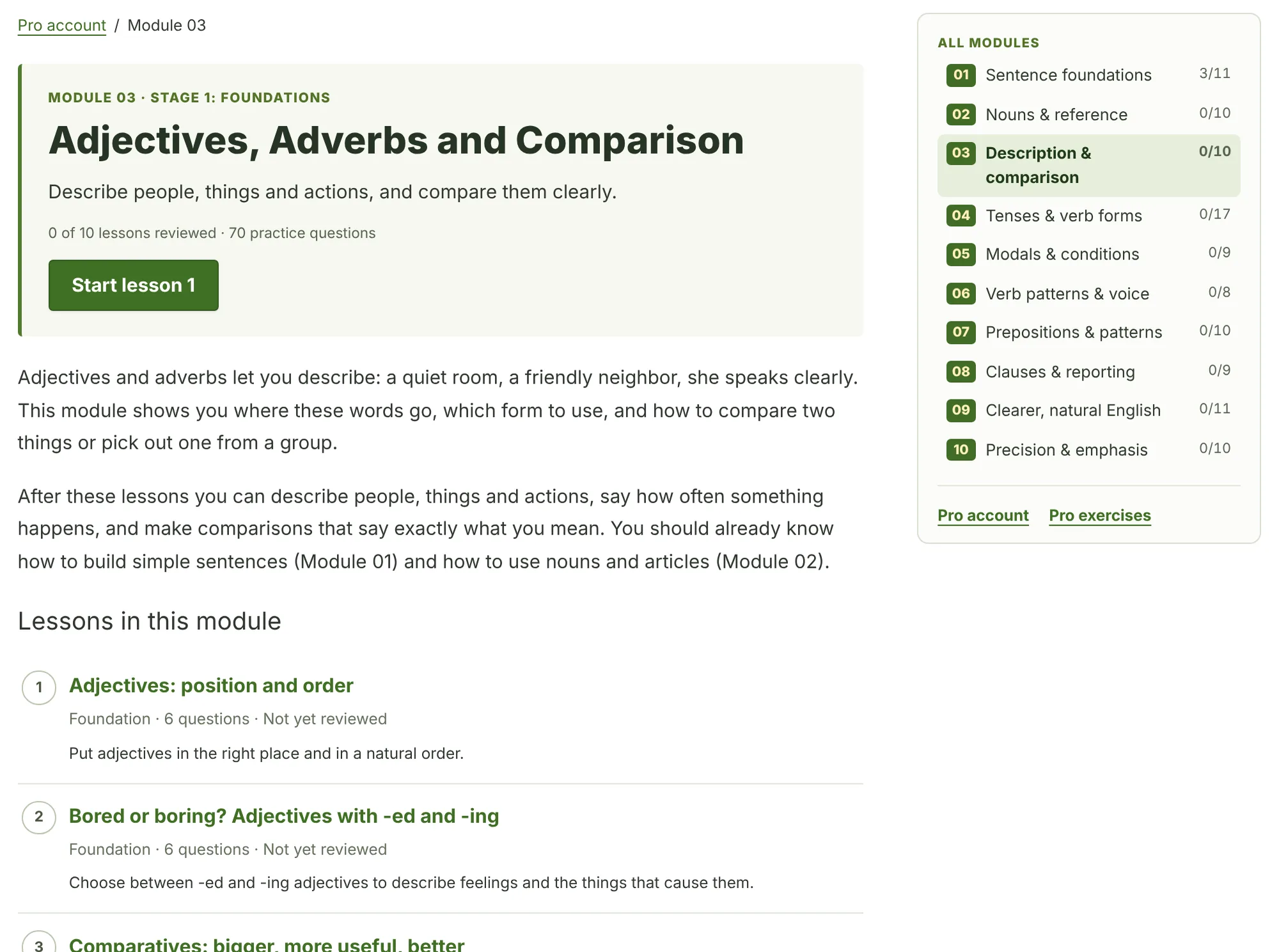 The Module 03 page, Adjectives, Adverbs and Comparison: the module introduction, a Start lesson 1 button, the first lessons of the list with their level and number of questions, and the All modules sidebar listing Modules 01 to 10 with their progress.