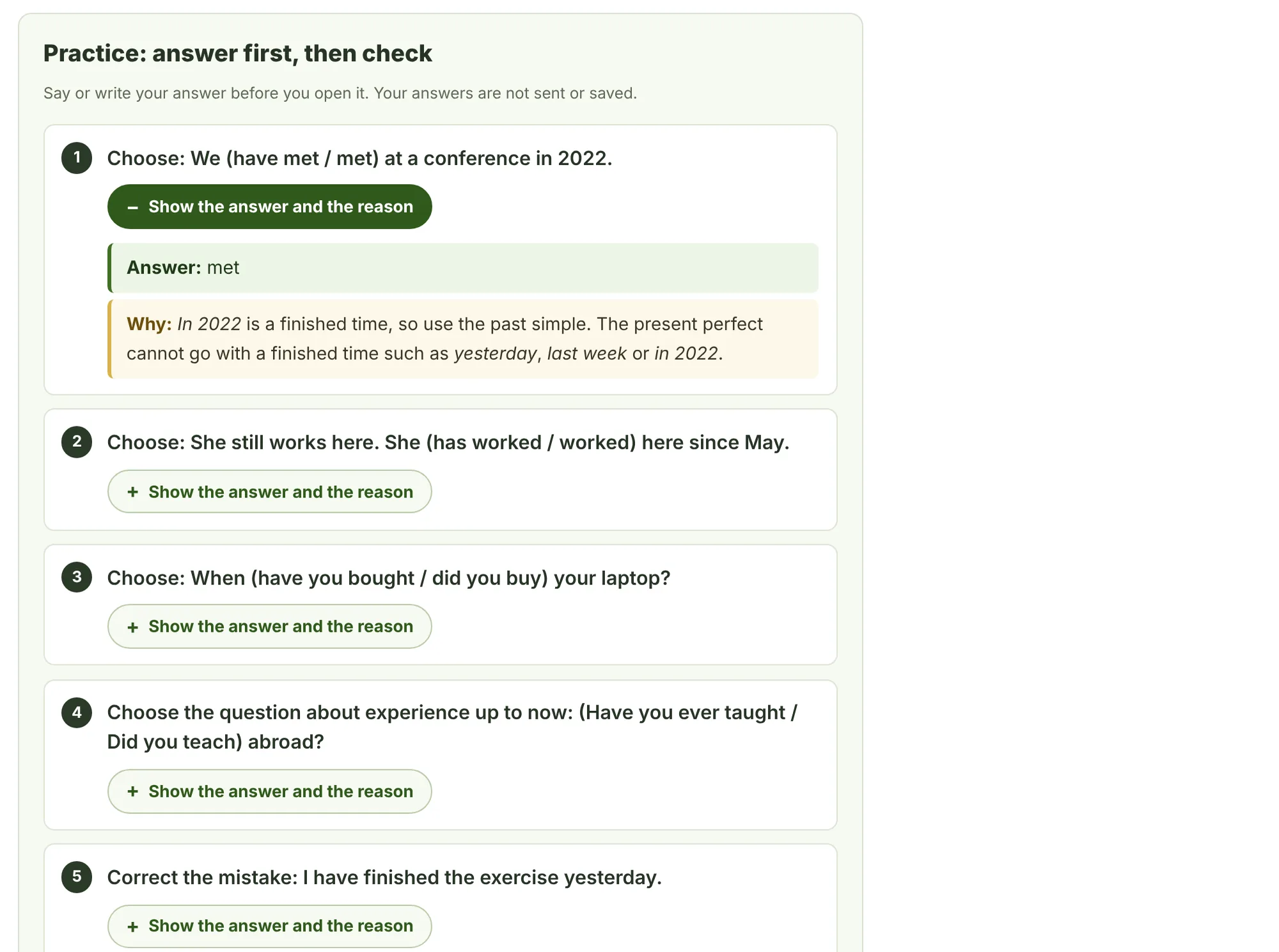 The practice questions of the same lesson. Question 1 is open and shows the answer, met, and the reason: in 2022 is a finished time, so use the past simple. Questions 2 to 5 are closed.