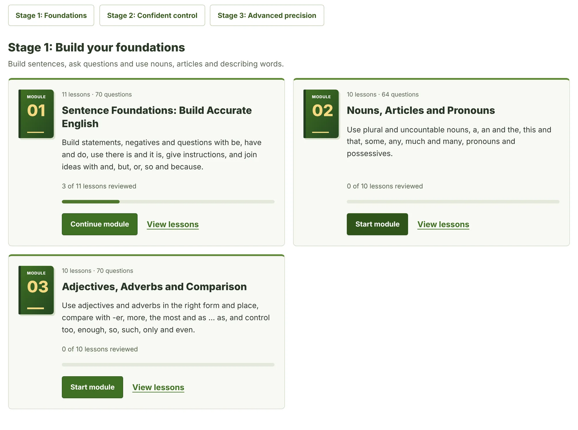 The Stage 1 section of the account page: the three stage tabs and the module cards for Sentence Foundations, Nouns, Articles and Pronouns, and Adjectives, Adverbs and Comparison, each with its lesson count, a progress bar and a Start module button.