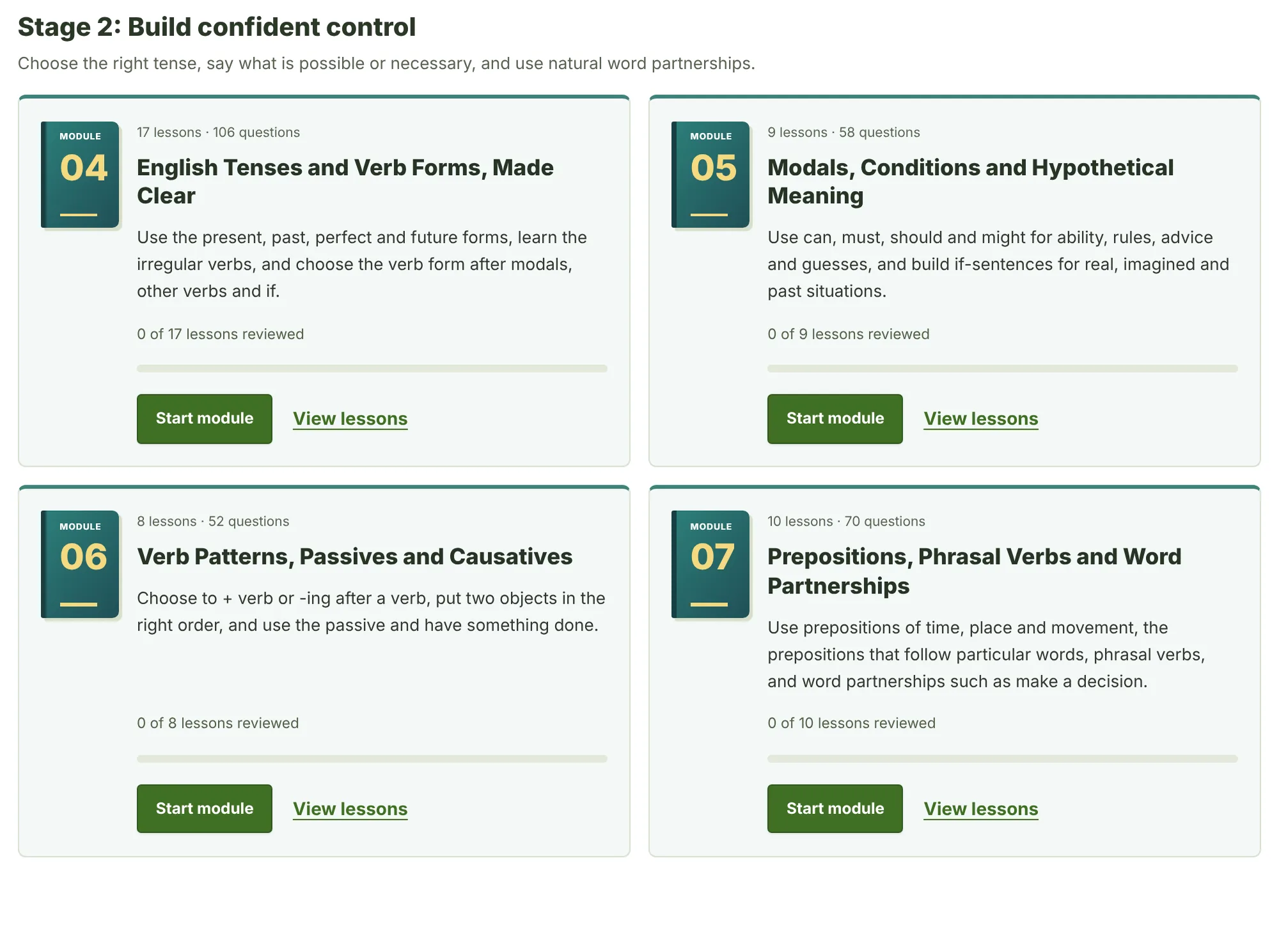 The Stage 2 section of the account page: the module cards for English Tenses and Verb Forms, Modals, Conditions and Hypothetical Meaning, Verb Patterns, Passives and Causatives, and Prepositions, Phrasal Verbs and Word Partnerships.