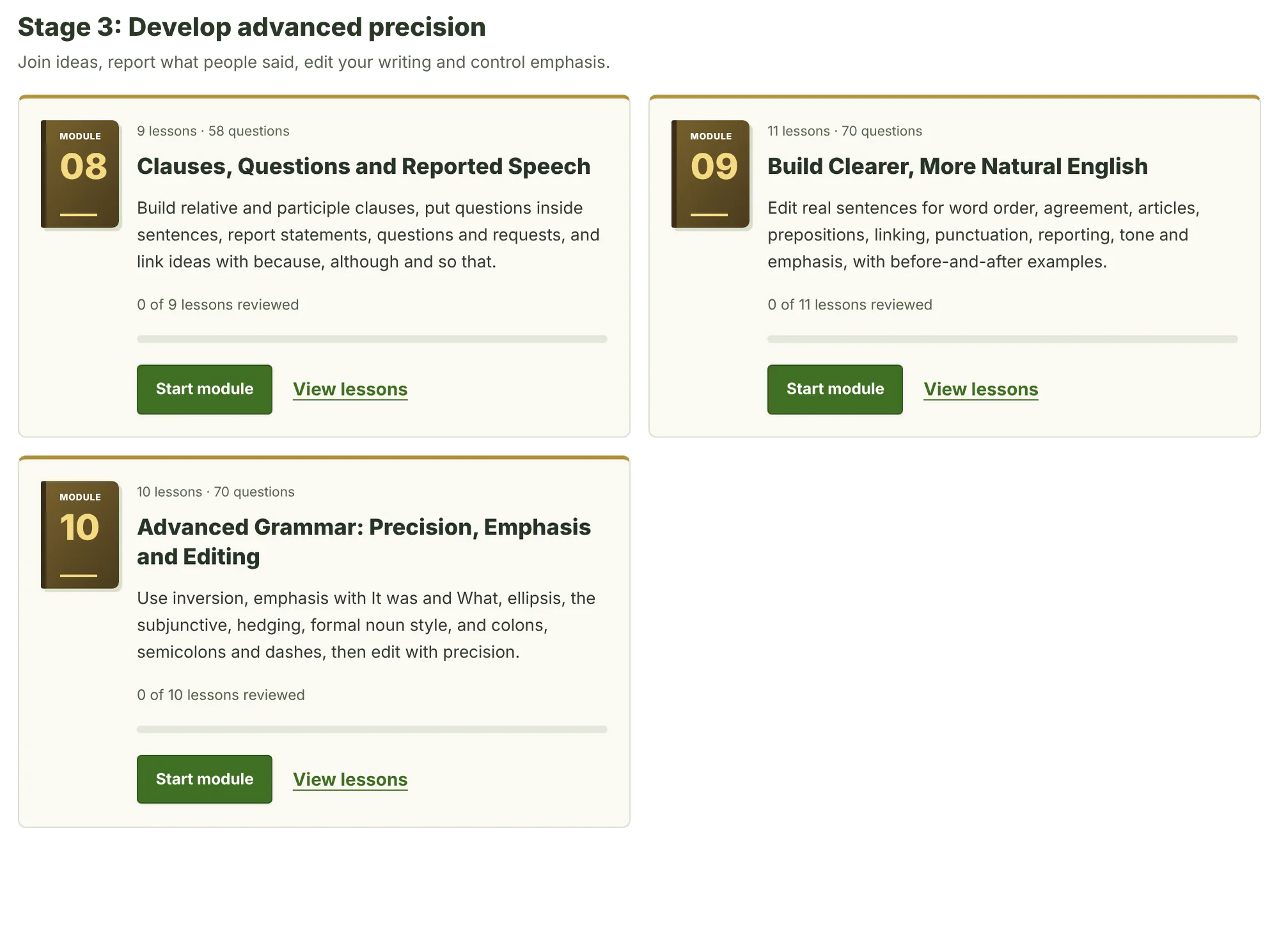 The Stage 3 section of the account page: the module cards for Clauses, Questions and Reported Speech, Build Clearer, More Natural English, and Advanced Grammar: Precision, Emphasis and Editing.