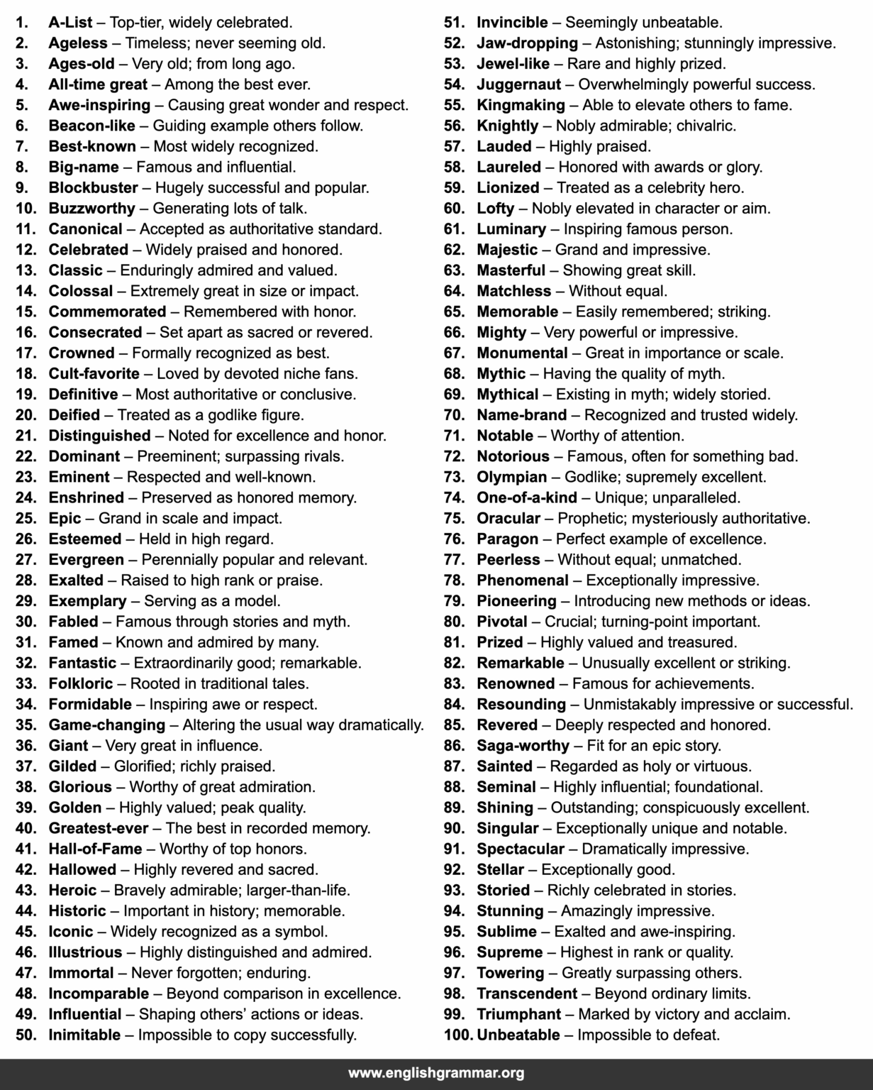 100 Other Words for “Legendary”