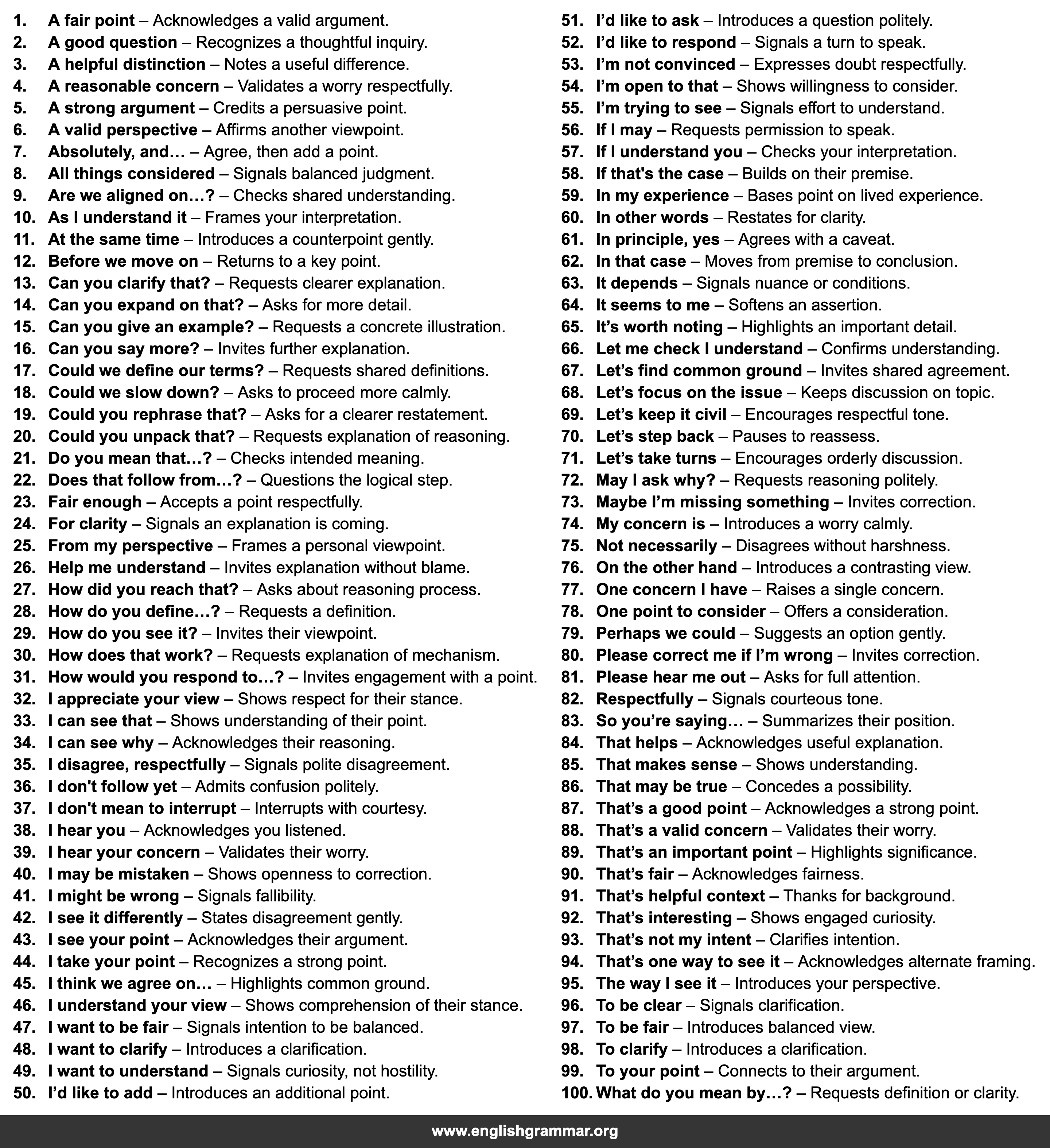 100 Phrases for Polite Debates and Discussions