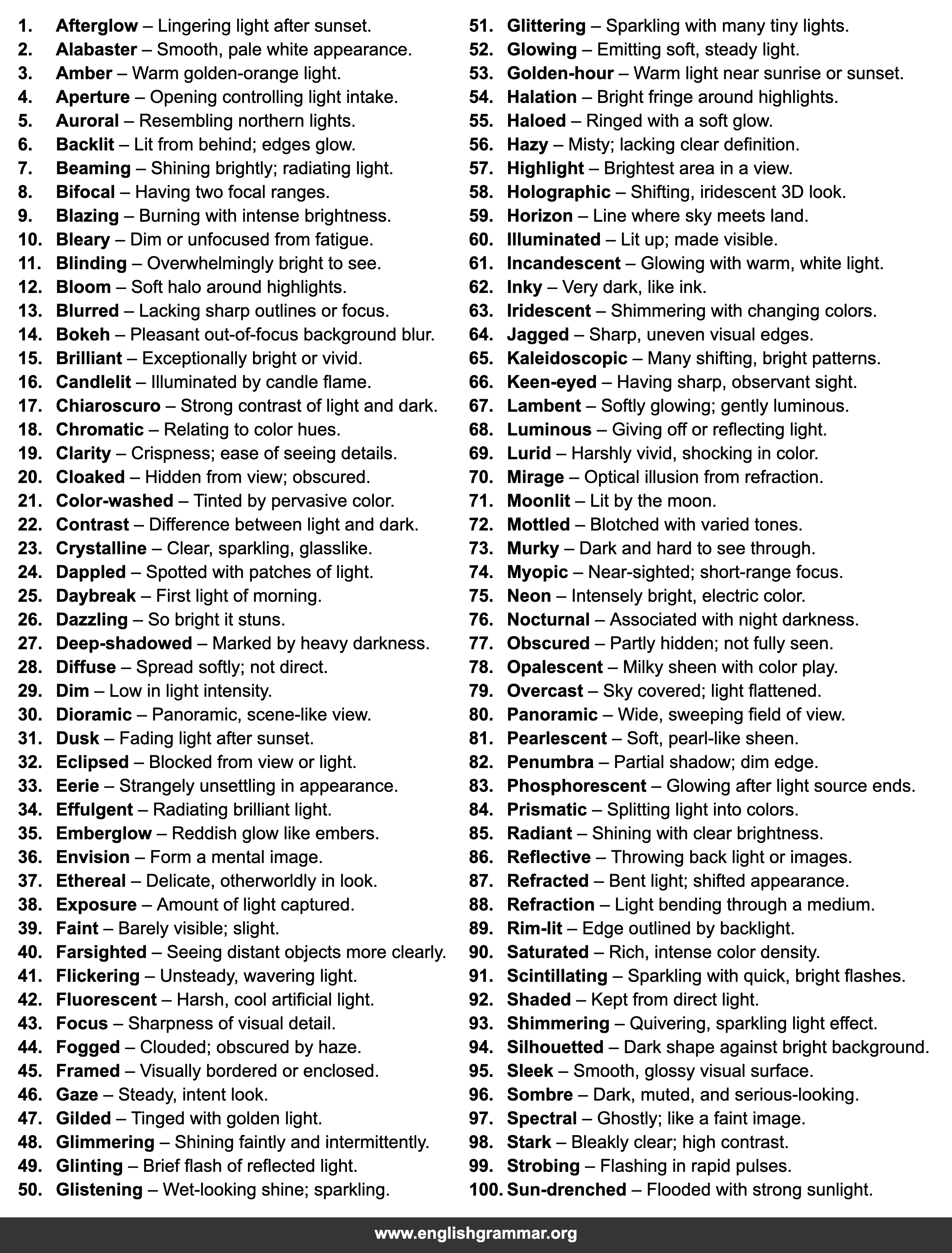 100 Words to Describe Sight (Visuals & Light) in Writing