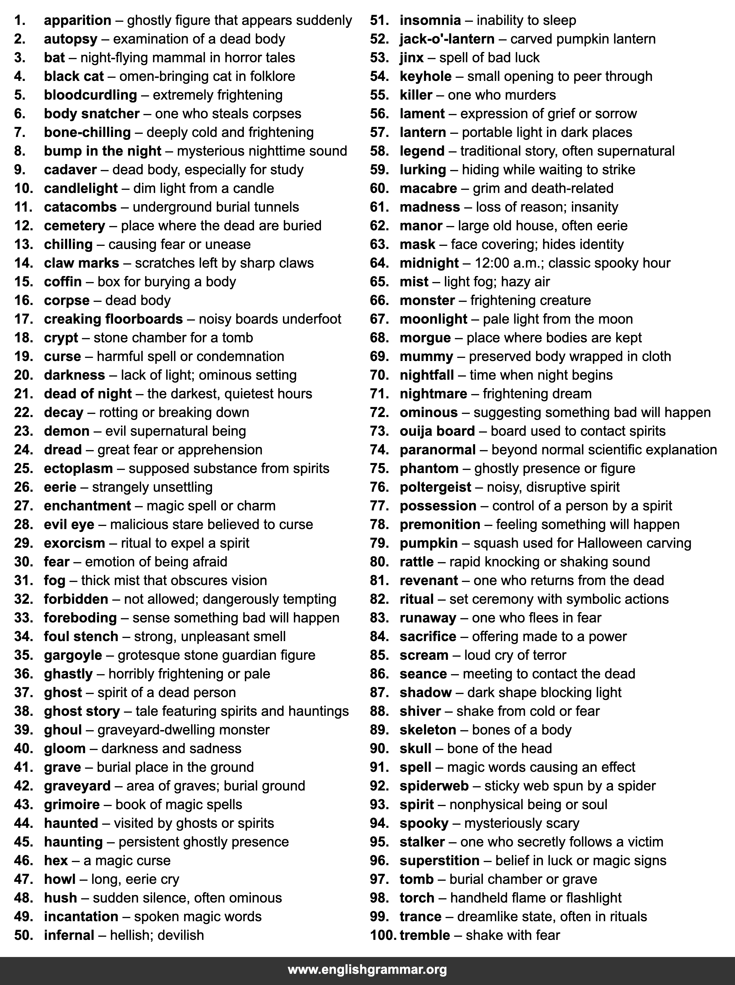 100 Words Related to Spooky Stories