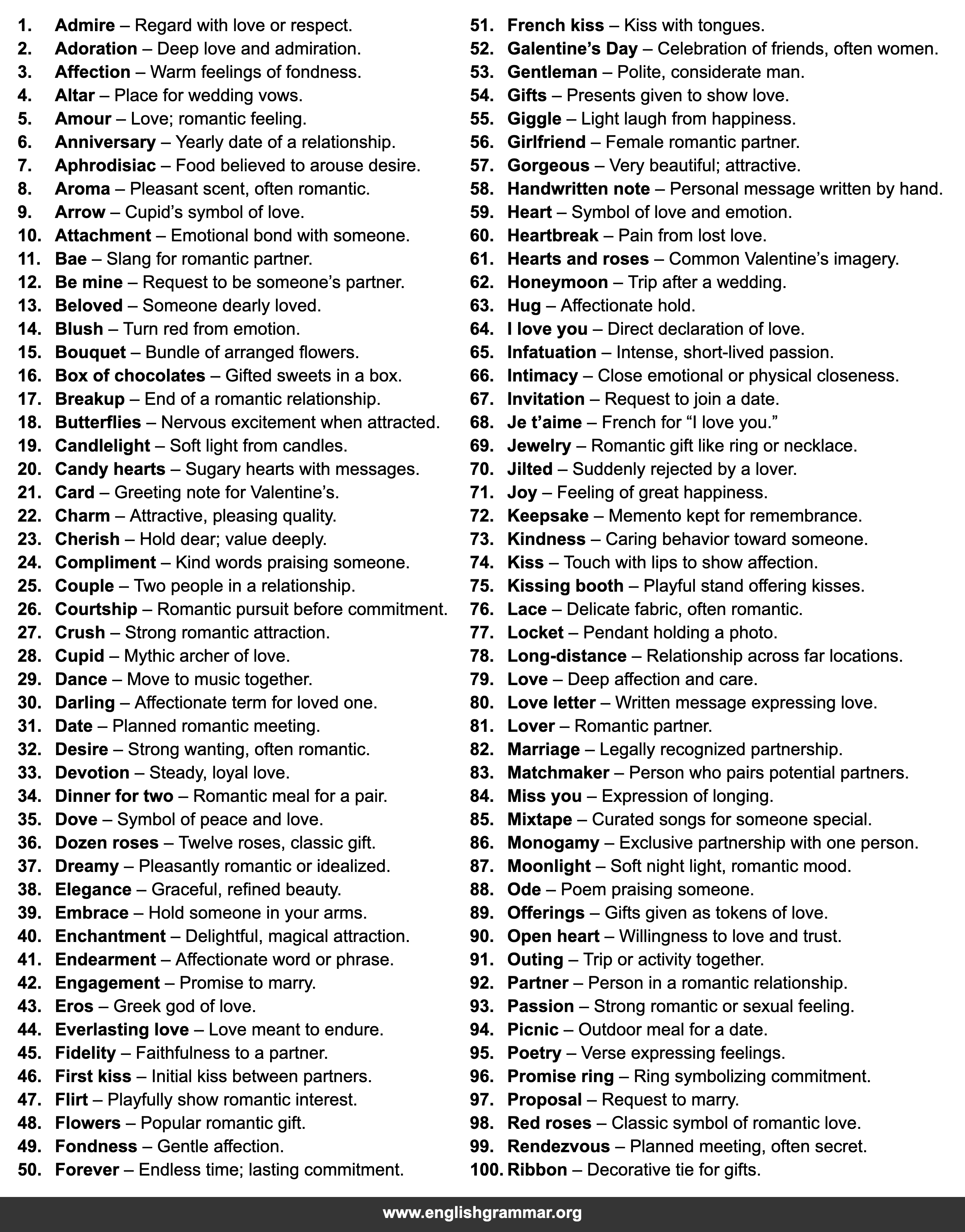 100 Words Related to Valentine’s Day