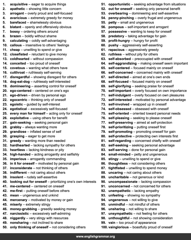 100 Best Synonyms for “Selfish”