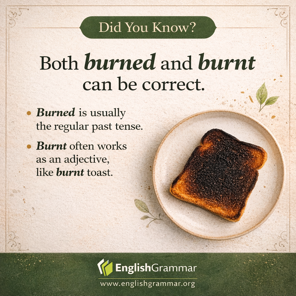 "Burned" and "burnt" can both be correct.