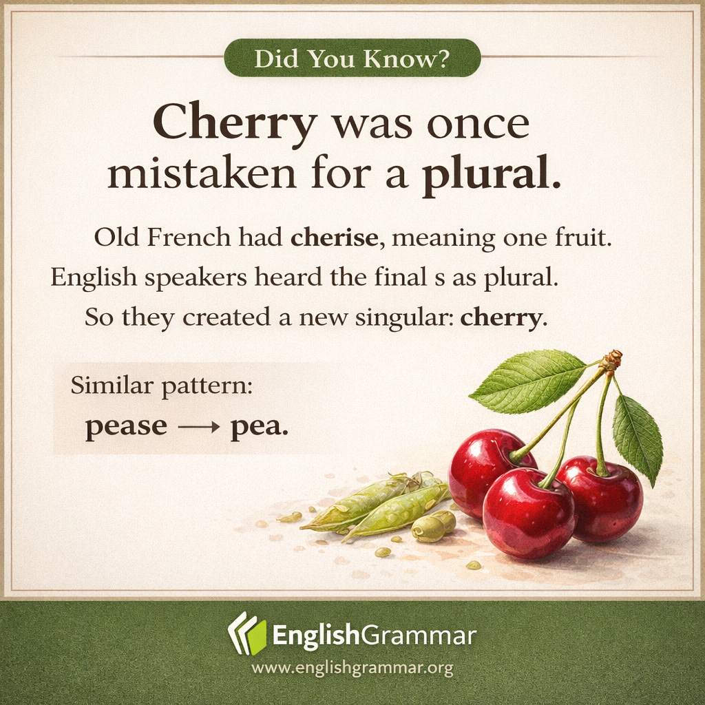 "Cherry" became singular because of a misunderstanding.