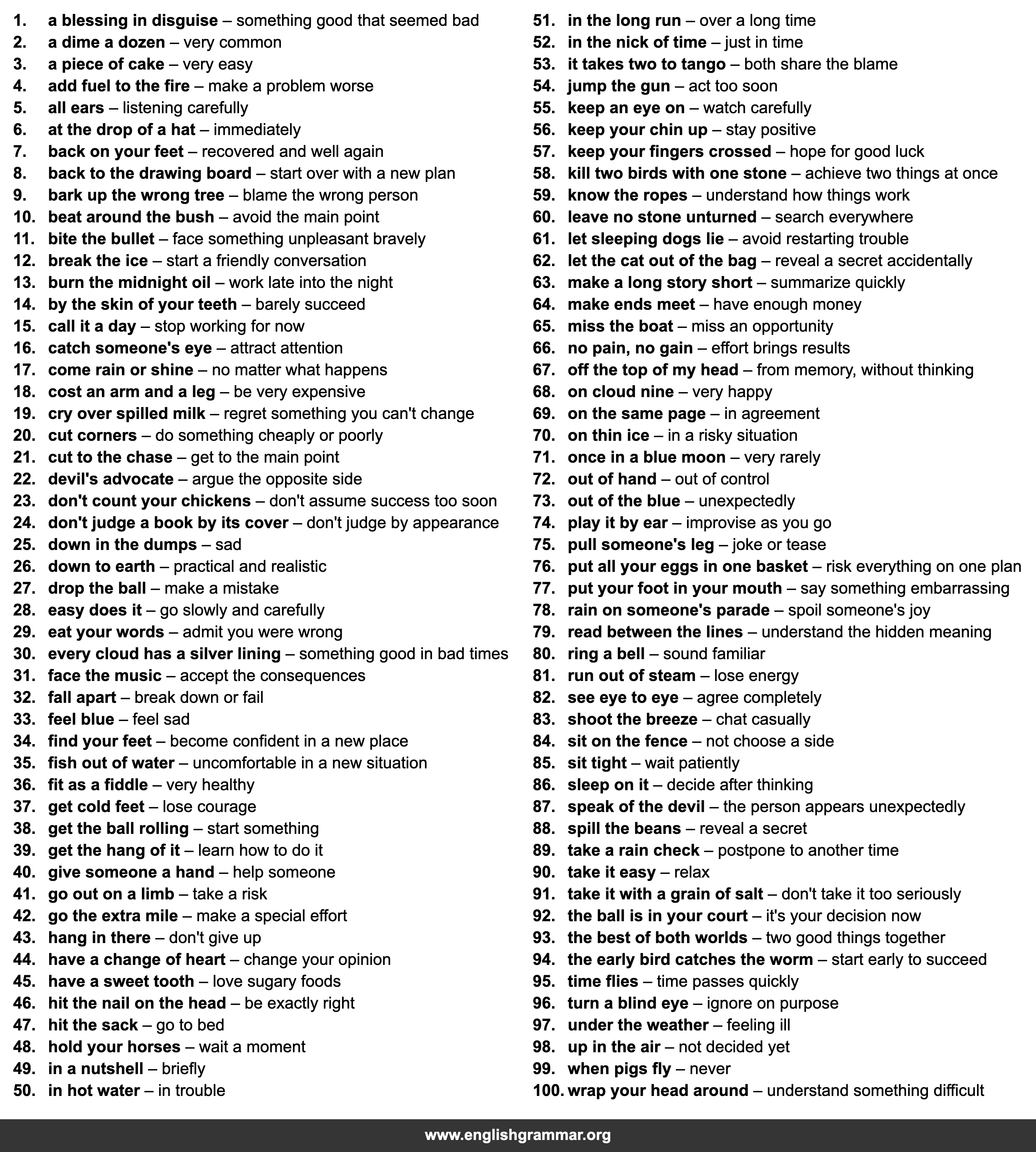 100 Everyday Idioms for Beginners