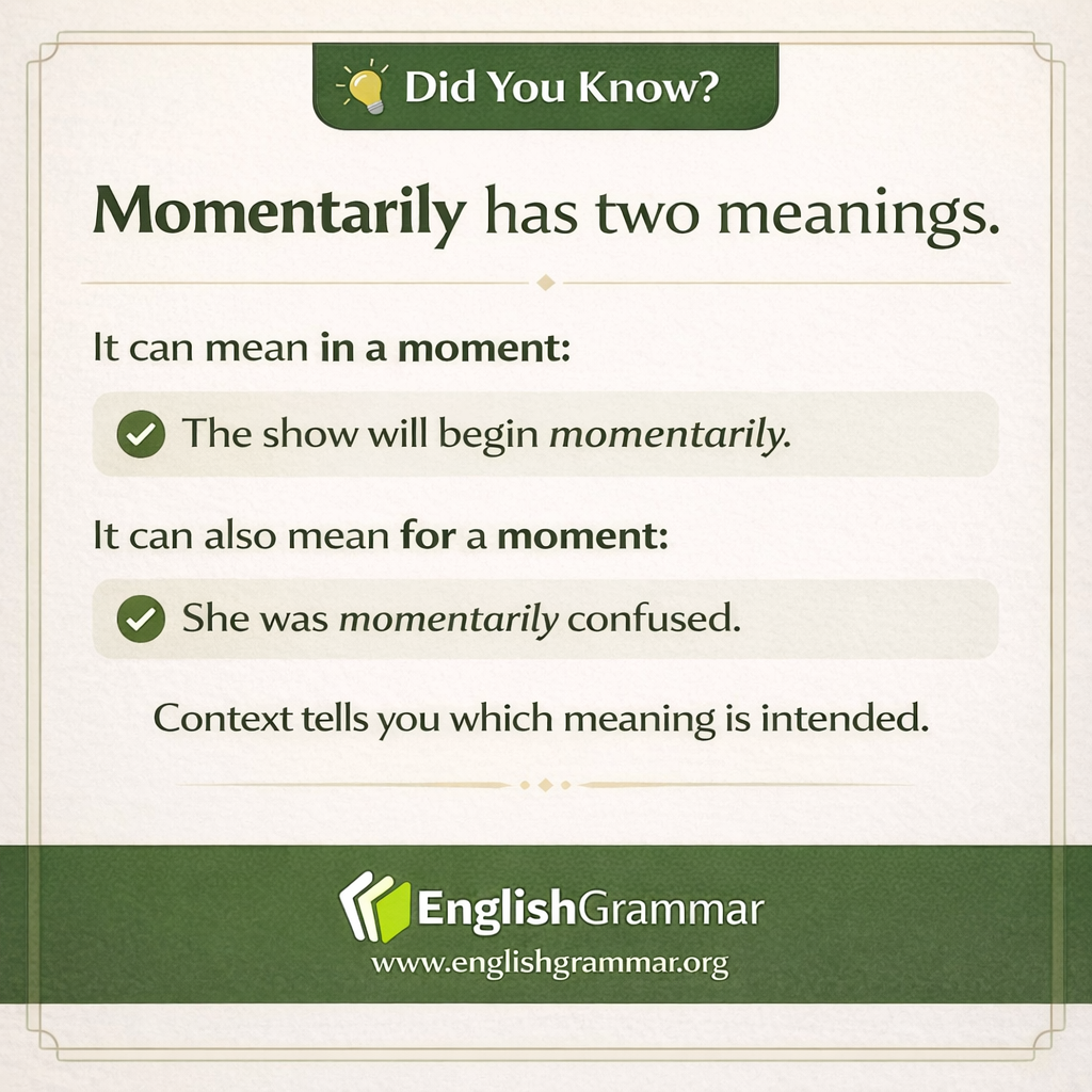 "Momentarily" can mean "in a moment" and "for a moment."