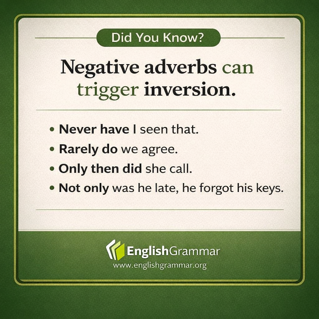 Negative adverbs can flip English word order.
