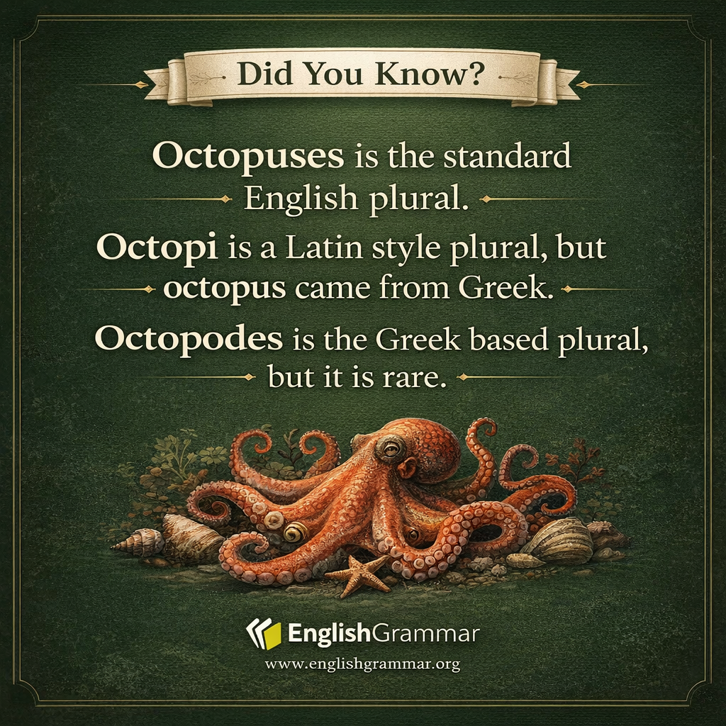 "Octopuses" is more English than "octopi."
