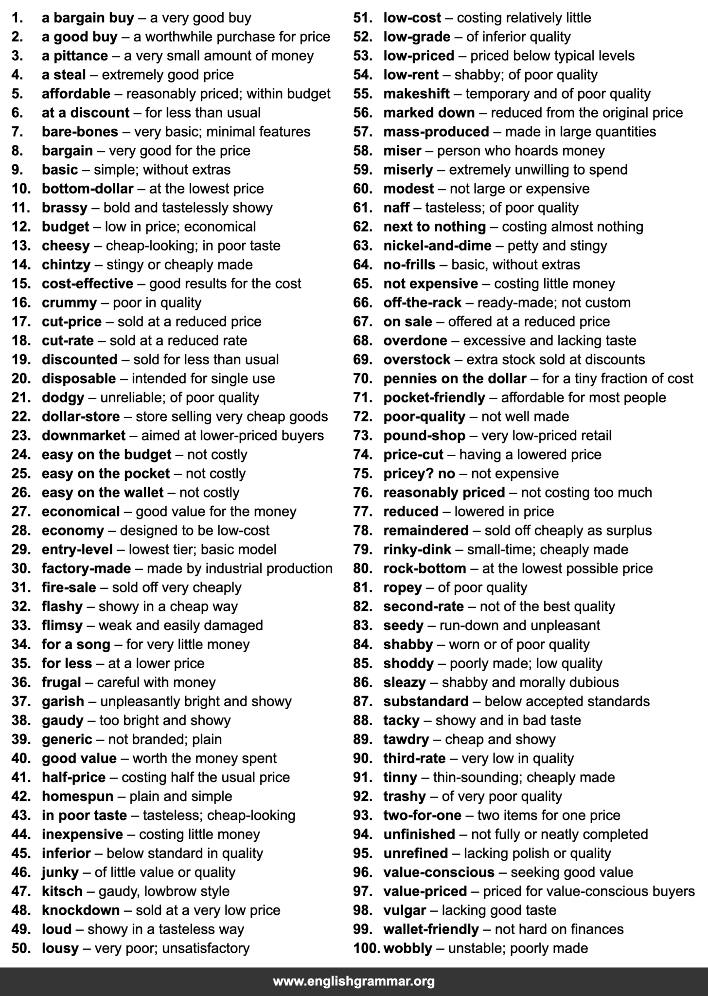 Cheapest Def 100 Other Words for “Cheap”