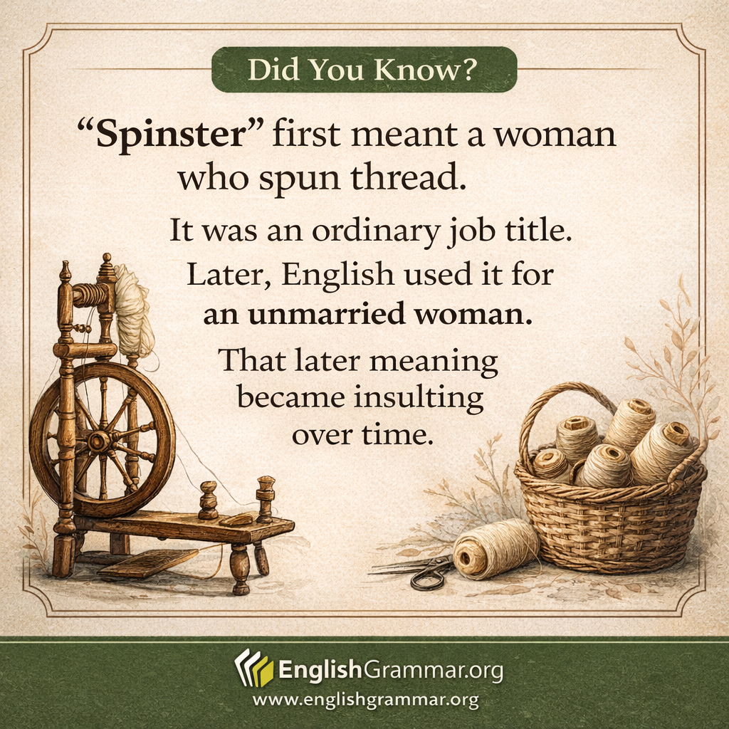 "Spinster" originally meant a woman who spun thread.
