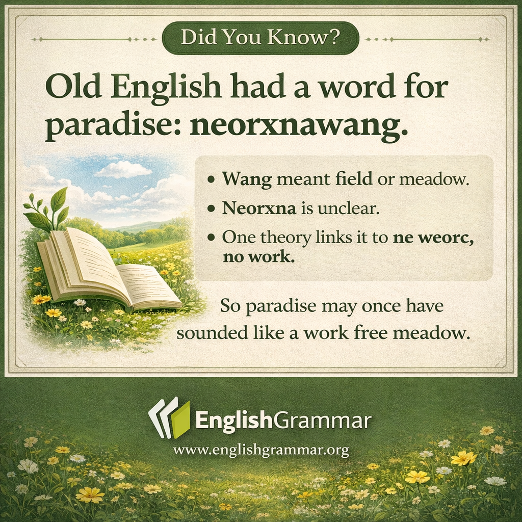 The Old English word for paradise was ‘neorxnawang’, with ‘wang’ meaning ‘field, meadow’ and ‘neorxna’ being of unknown origin. One theory is that it’s from ‘ne weorc’, meaning ‘no work’.