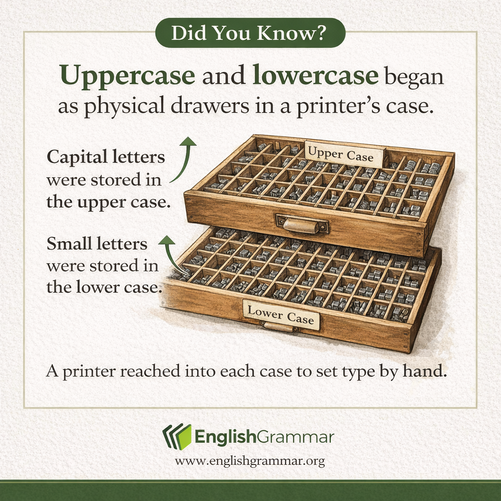 "Uppercase" and "lowercase" come from actual printer's cases.