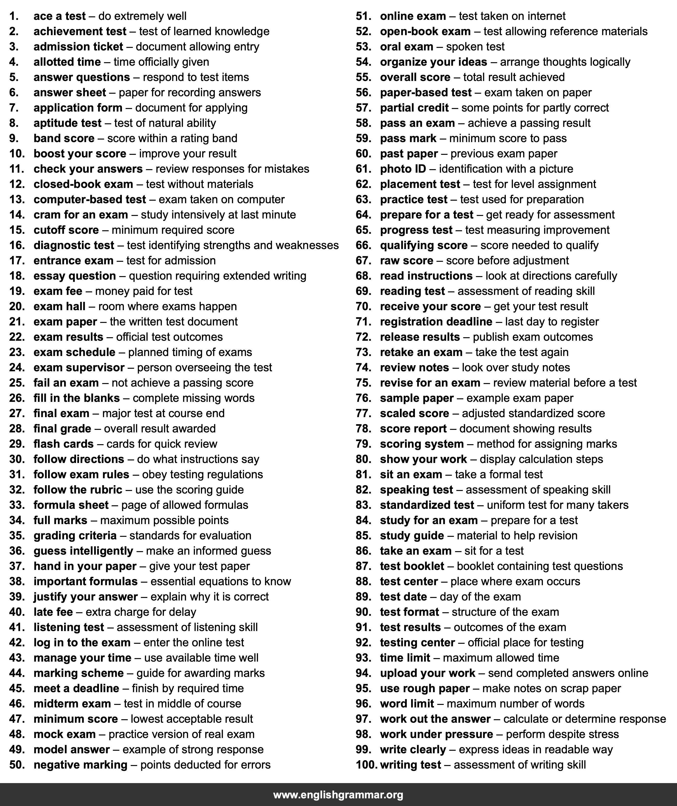100 Collocations for Exams and Test Prep