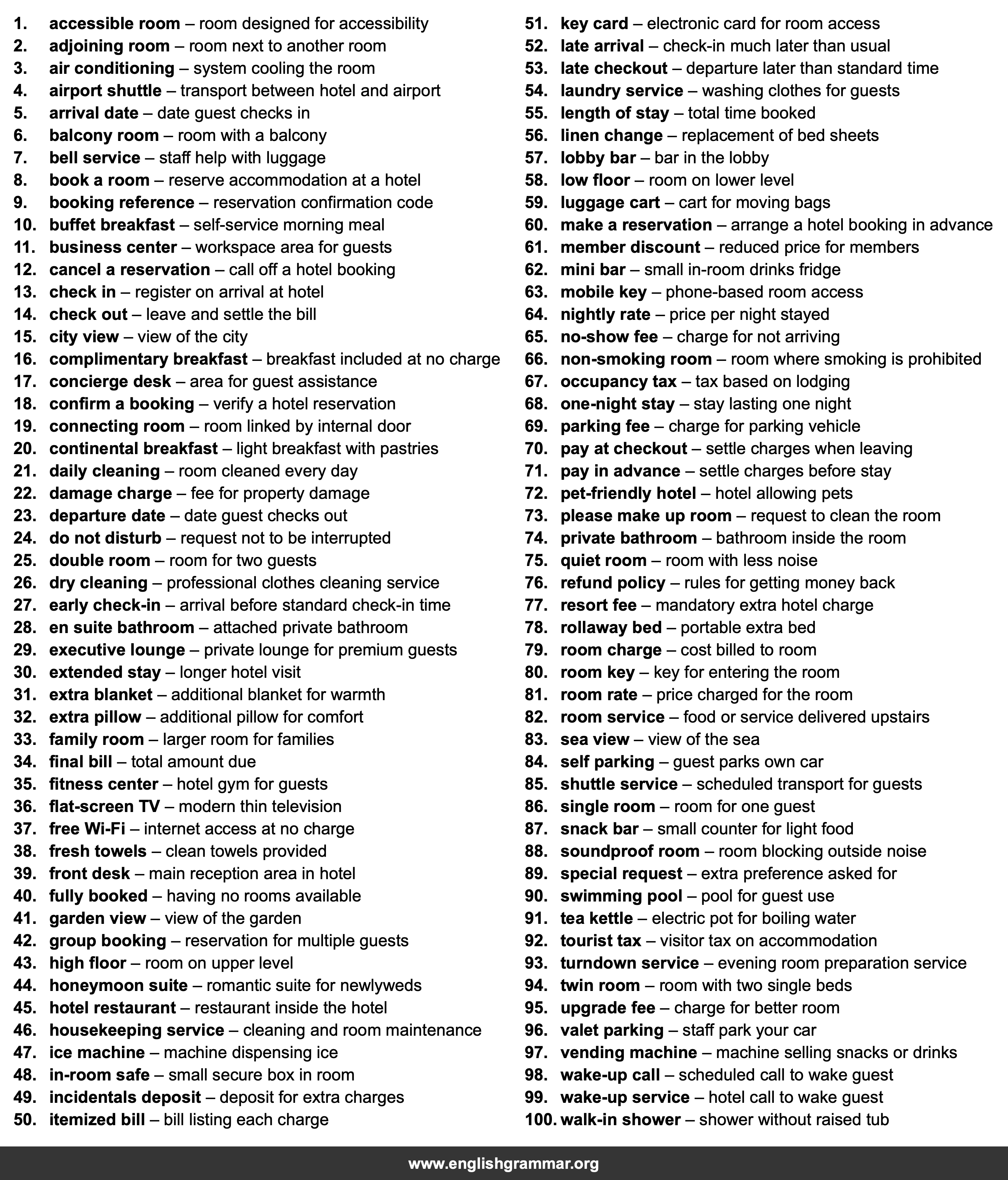 100 Collocations for Hotel Stays