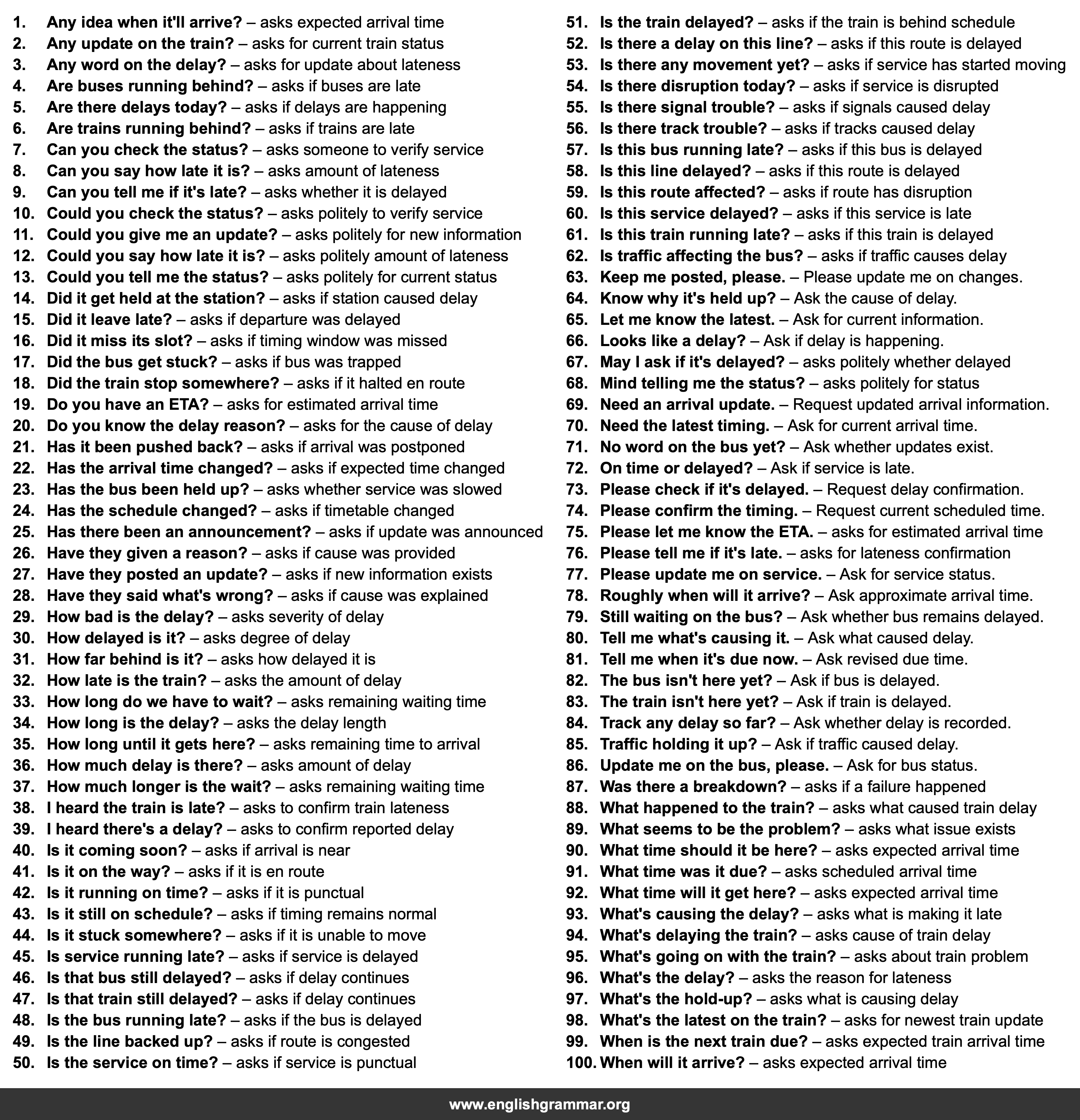 100 English Phrases for Asking About Bus or Train Delays