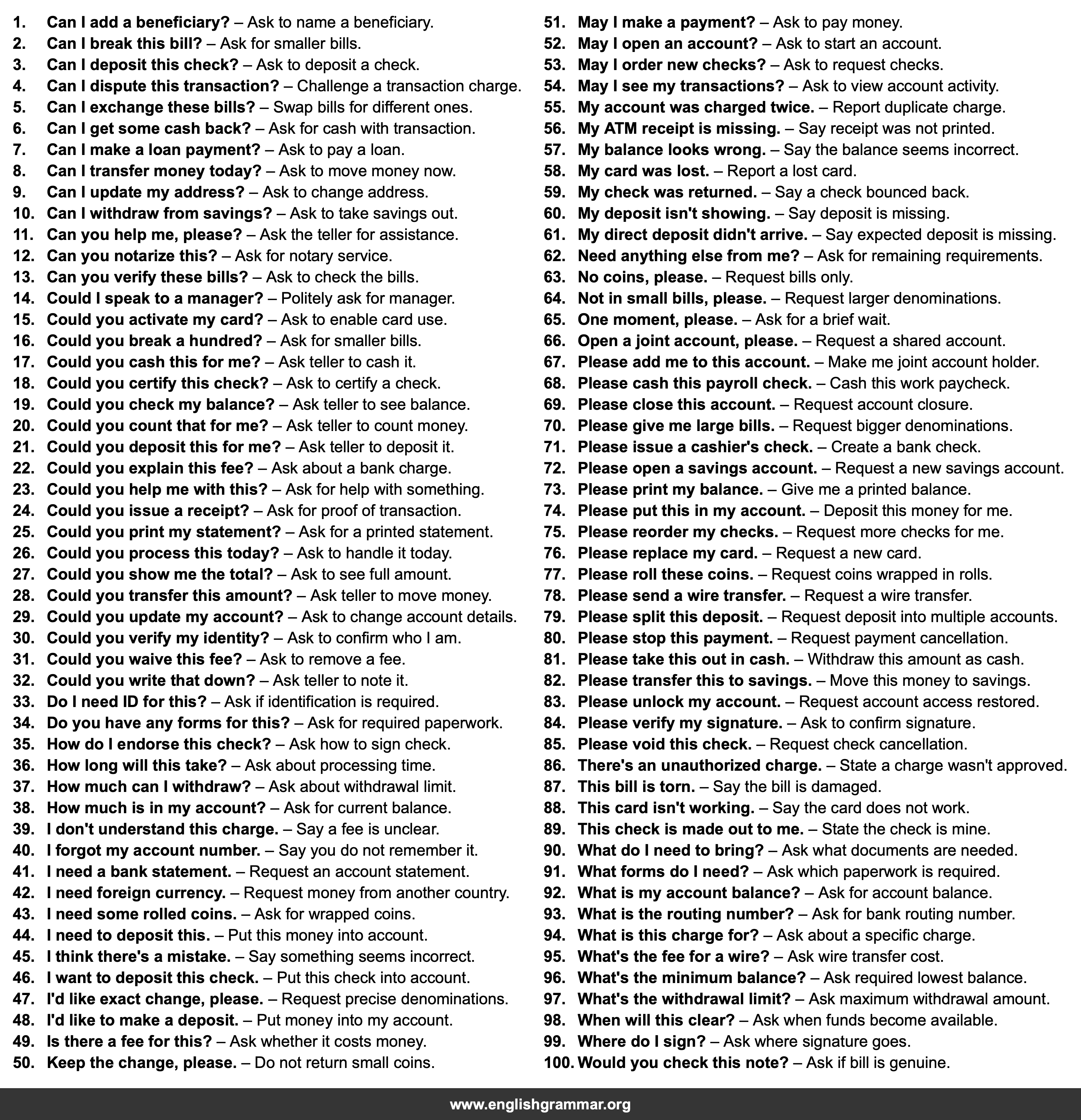 100 English Phrases for Talking to a Bank Teller