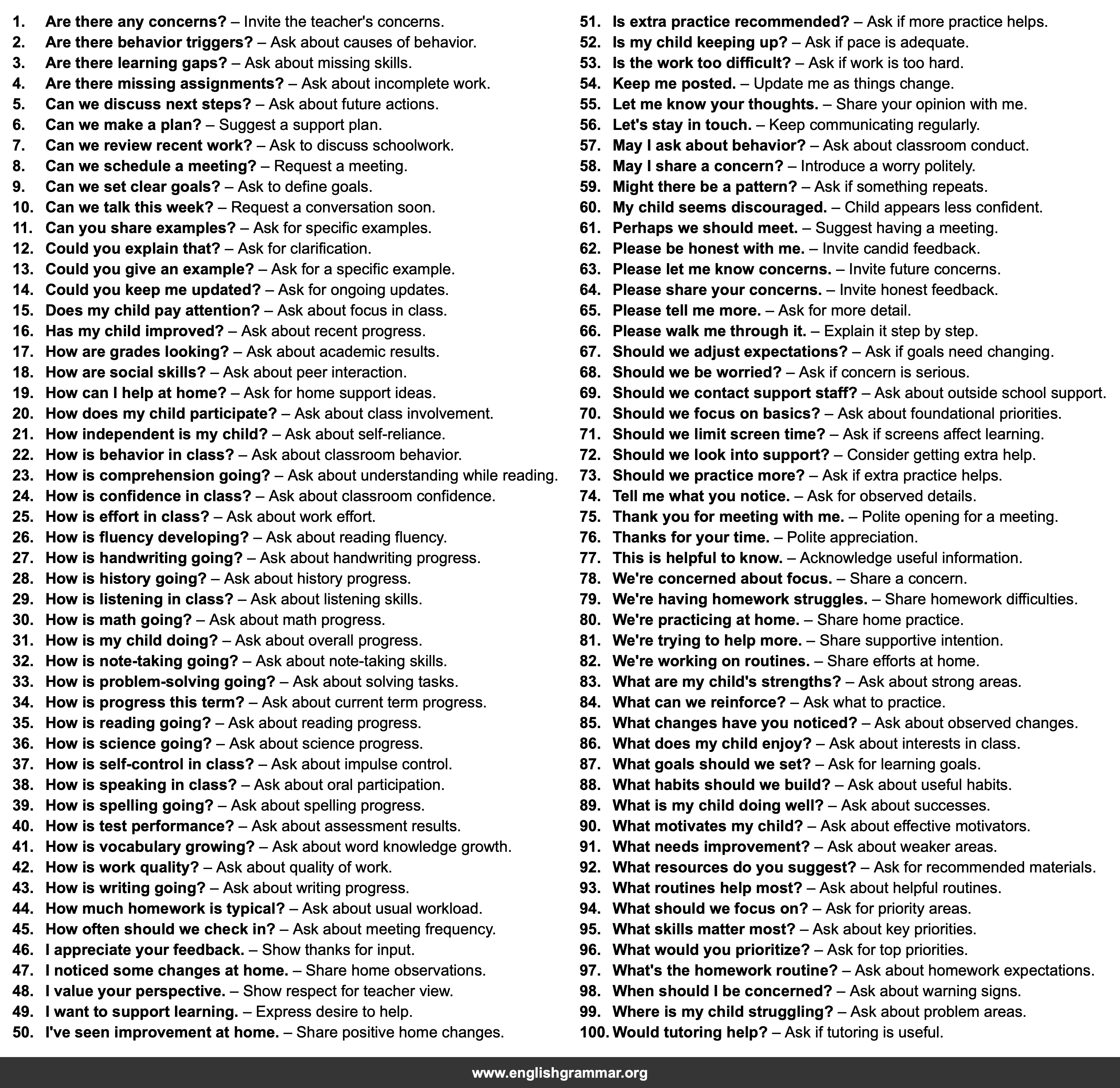 100 English Phrases for Talking to a Child's Teacher
