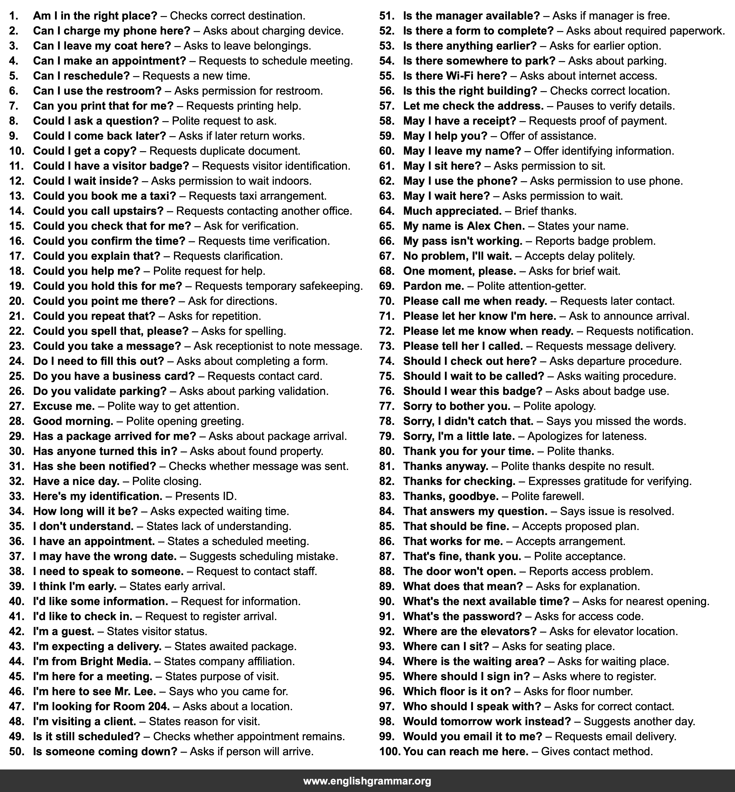 100 English Phrases for Talking to a Receptionist