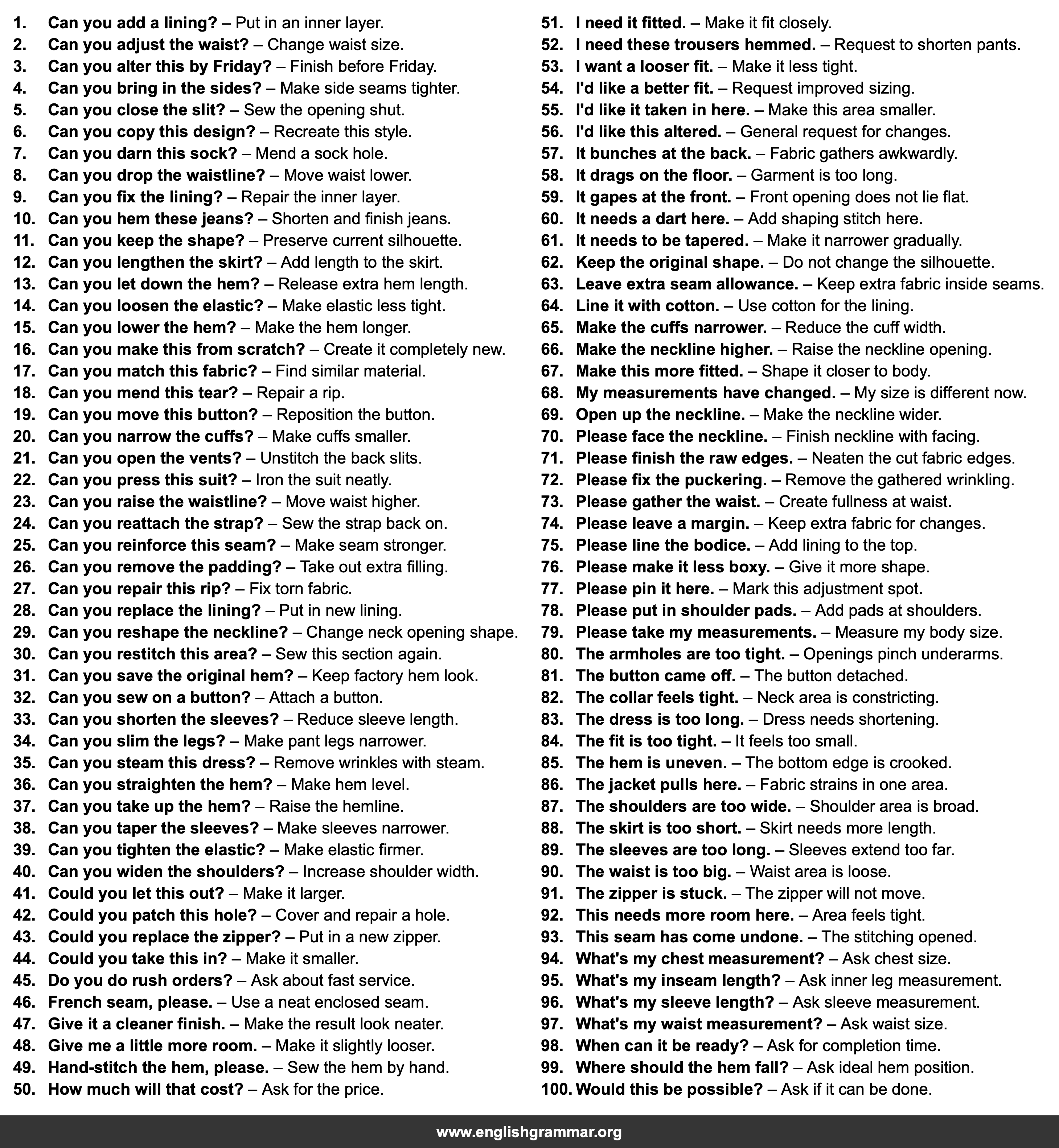 100 English Phrases for Talking to a Tailor or Seamstress