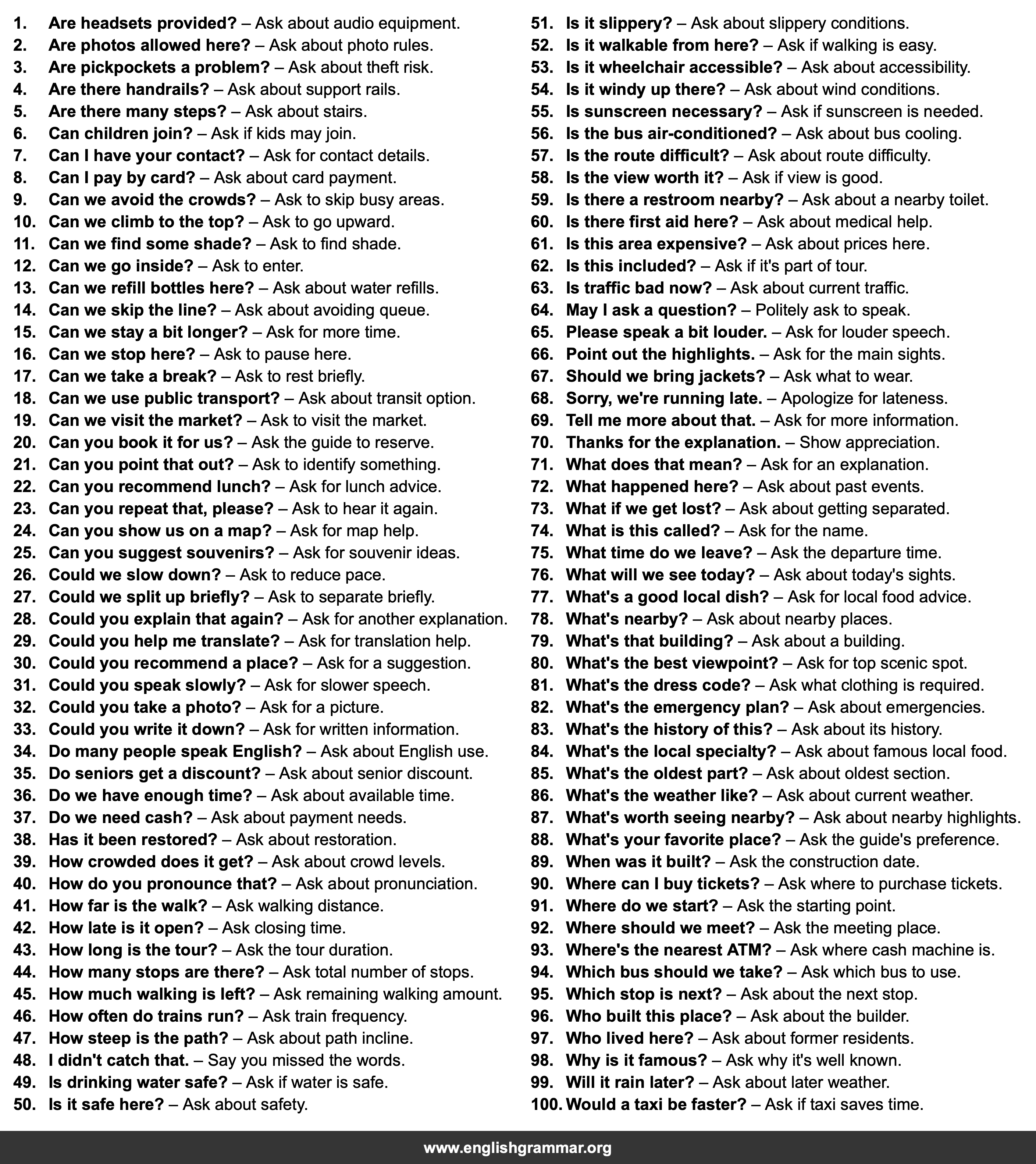 100 English Phrases for Talking to a Tour Guide