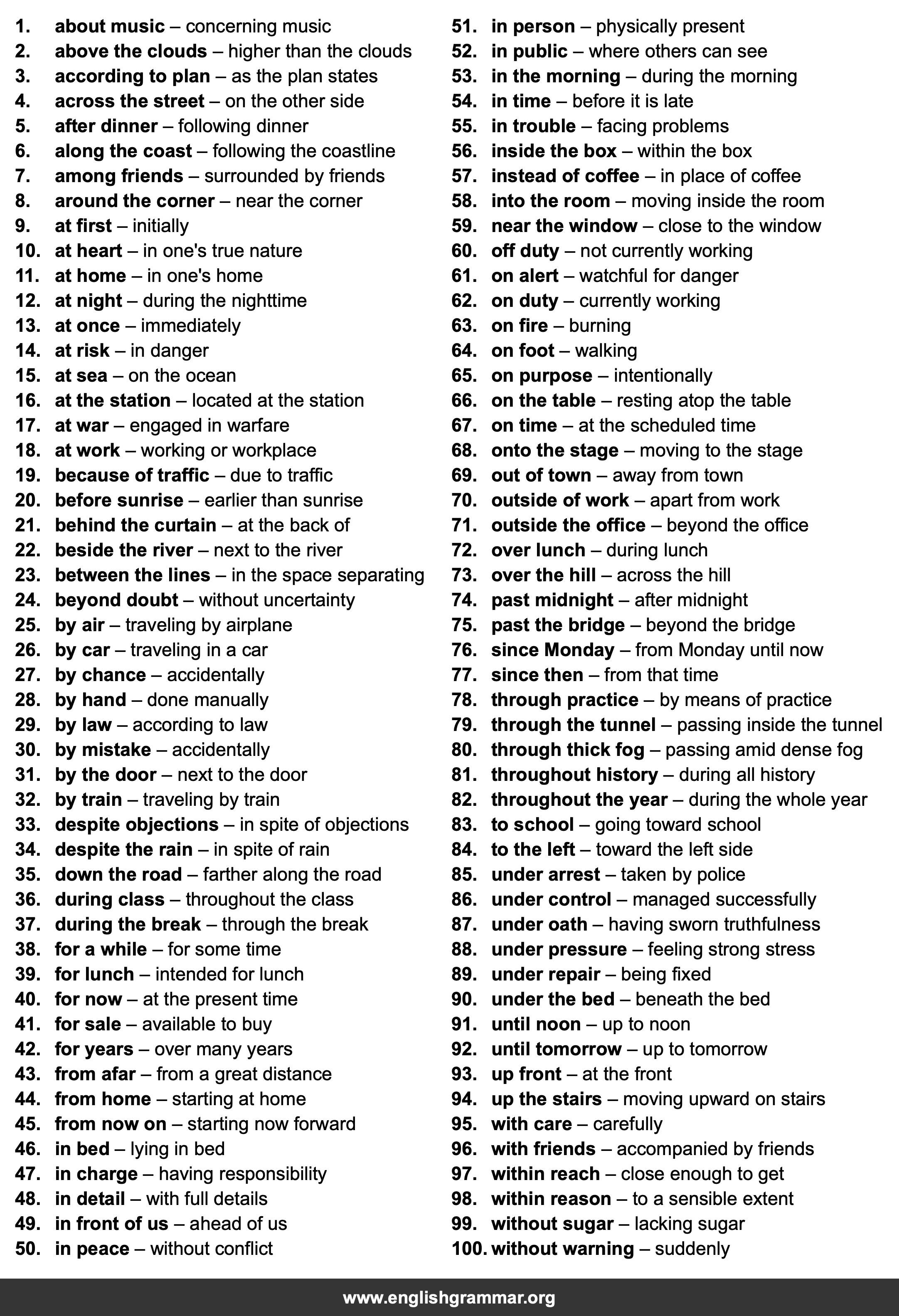 100 Examples of Prepositional Phrases