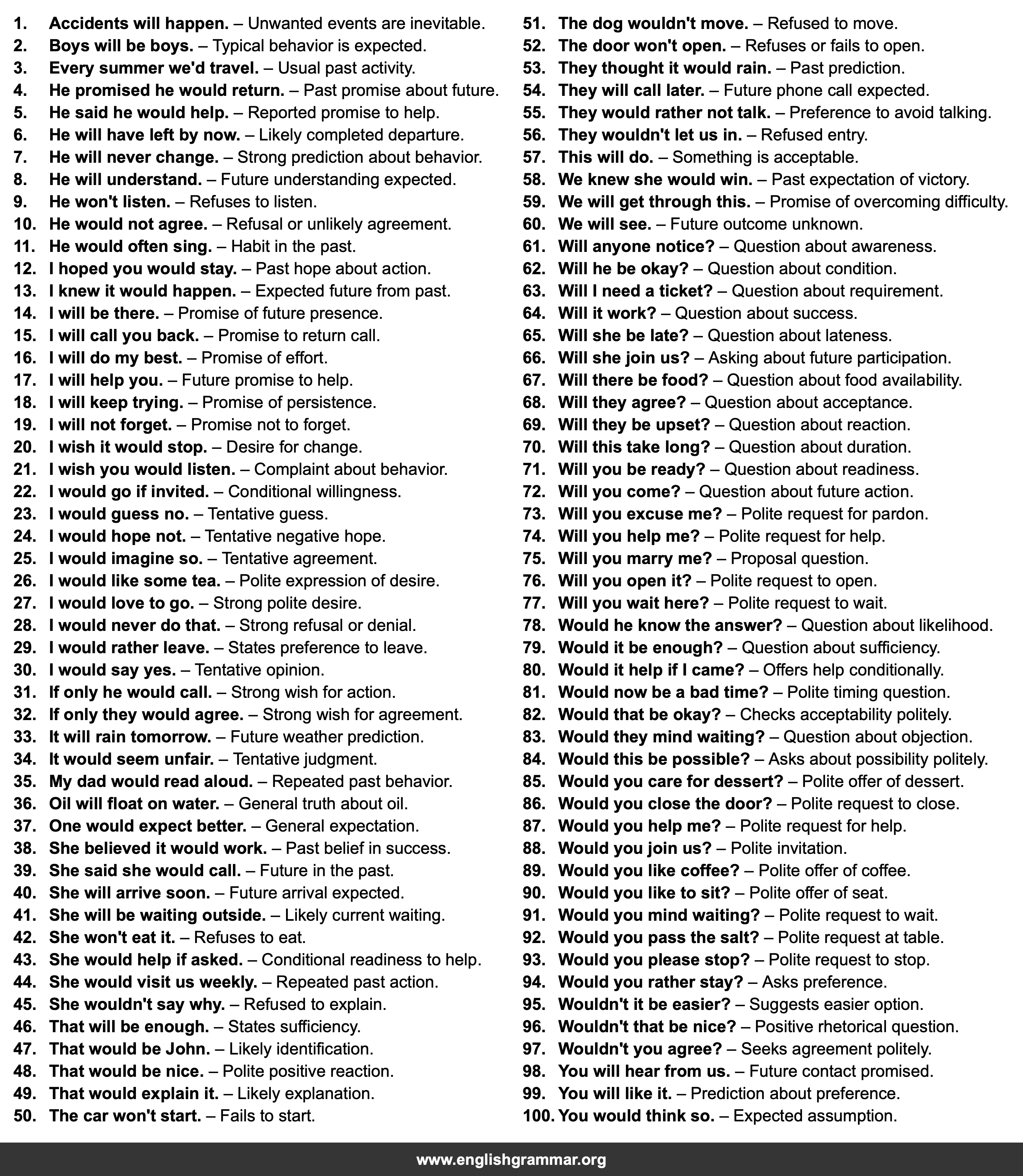 100 Examples of Will and Would in English