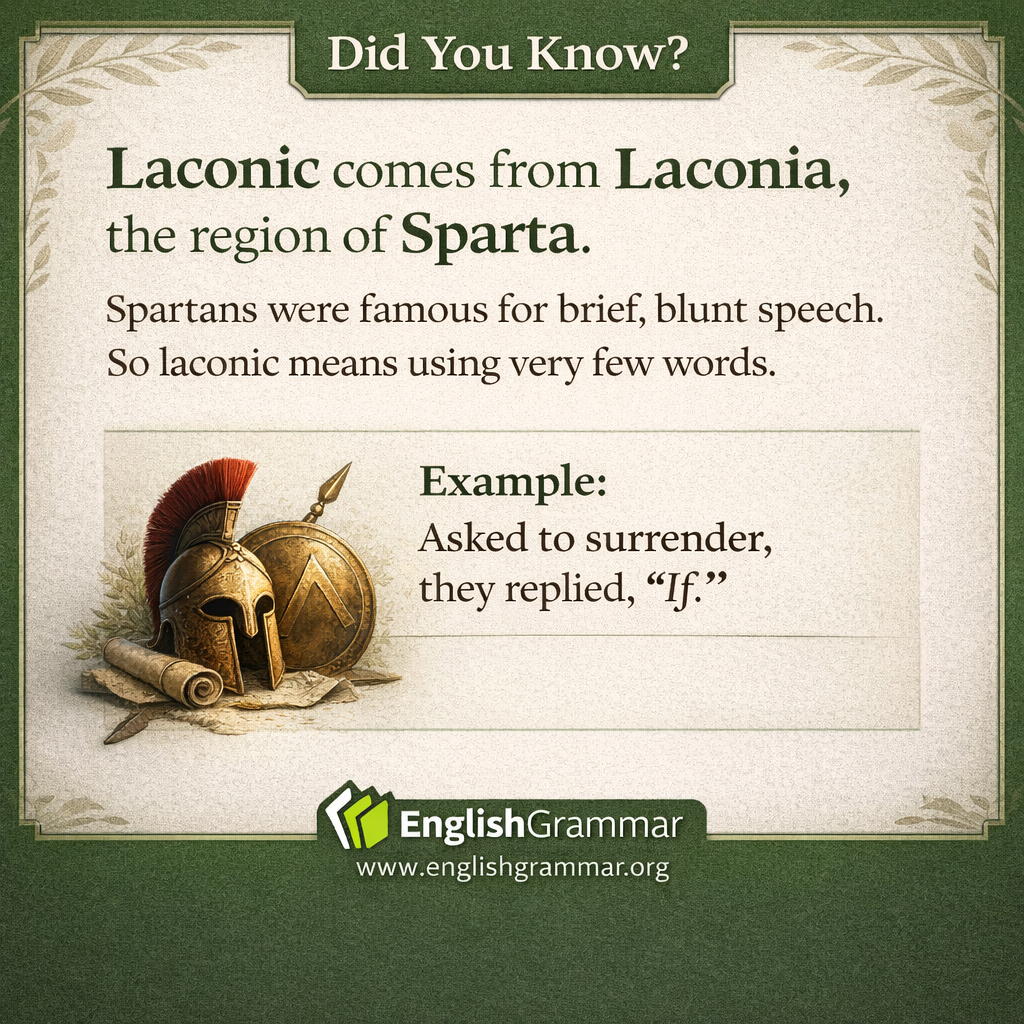 Laconic comes from Laconia, the region of Sparta