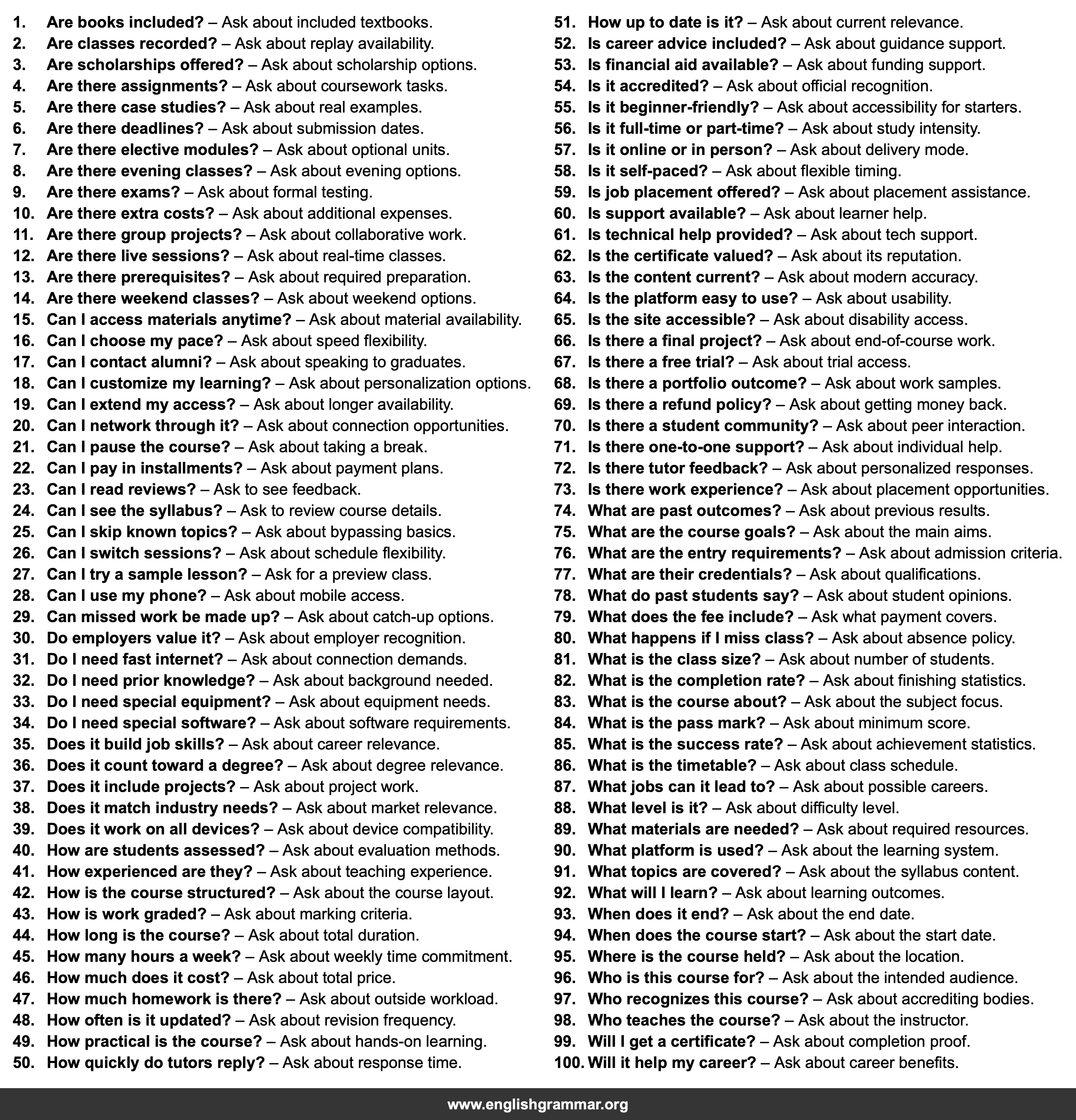 100 Questions to Ask Before Choosing a Course