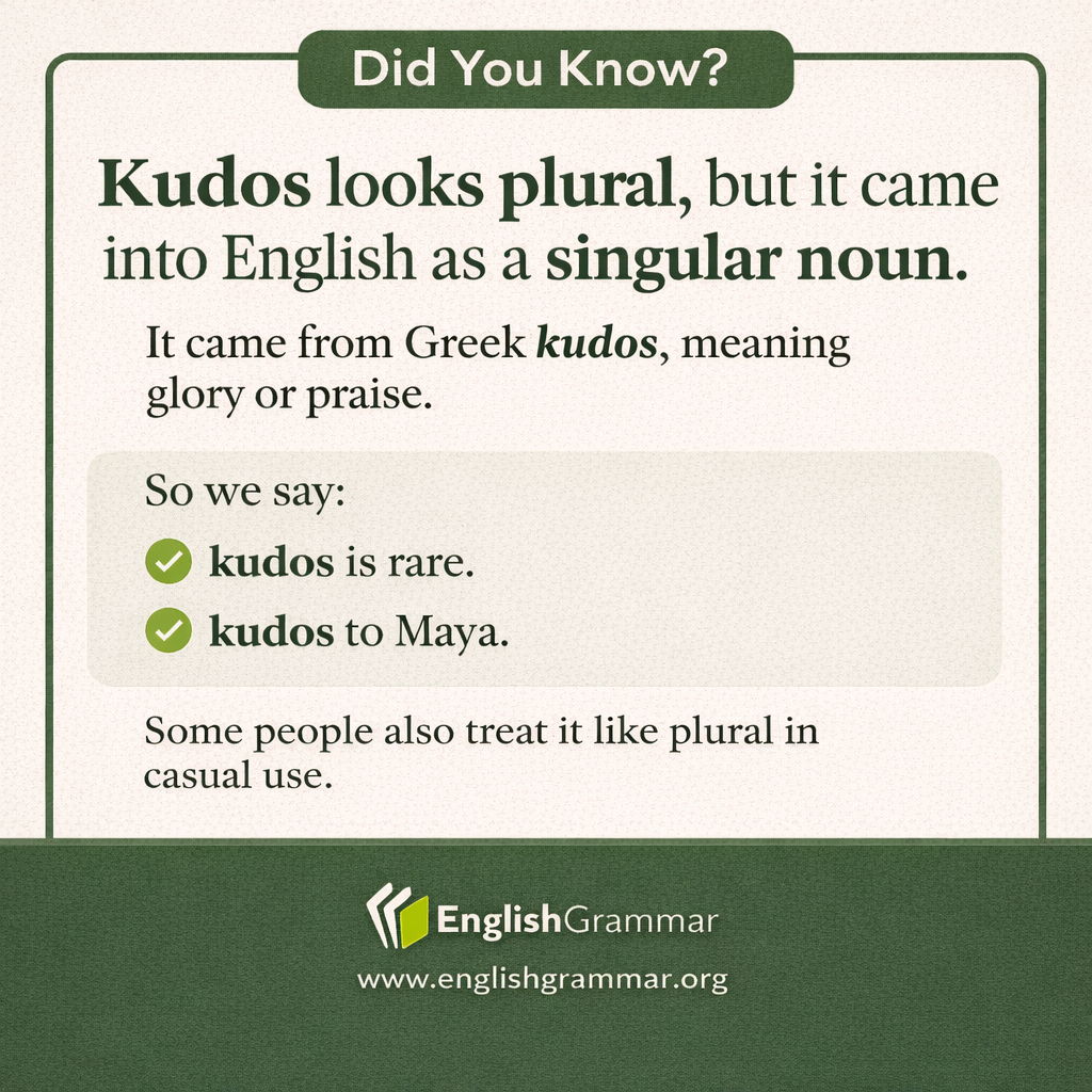 Why "kudos" looks plural but didn’t begin that way