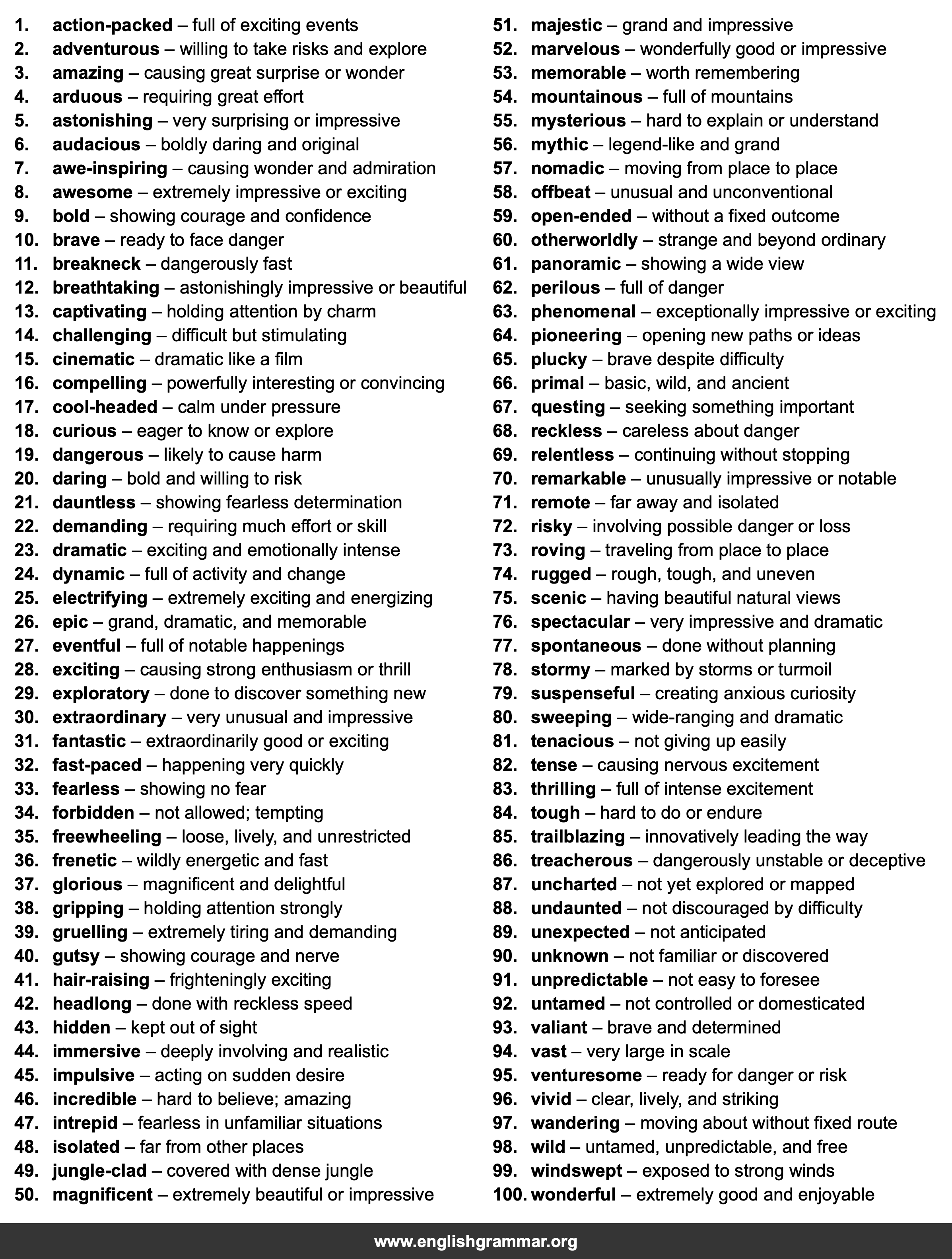 100 Words to Describe Adventures
