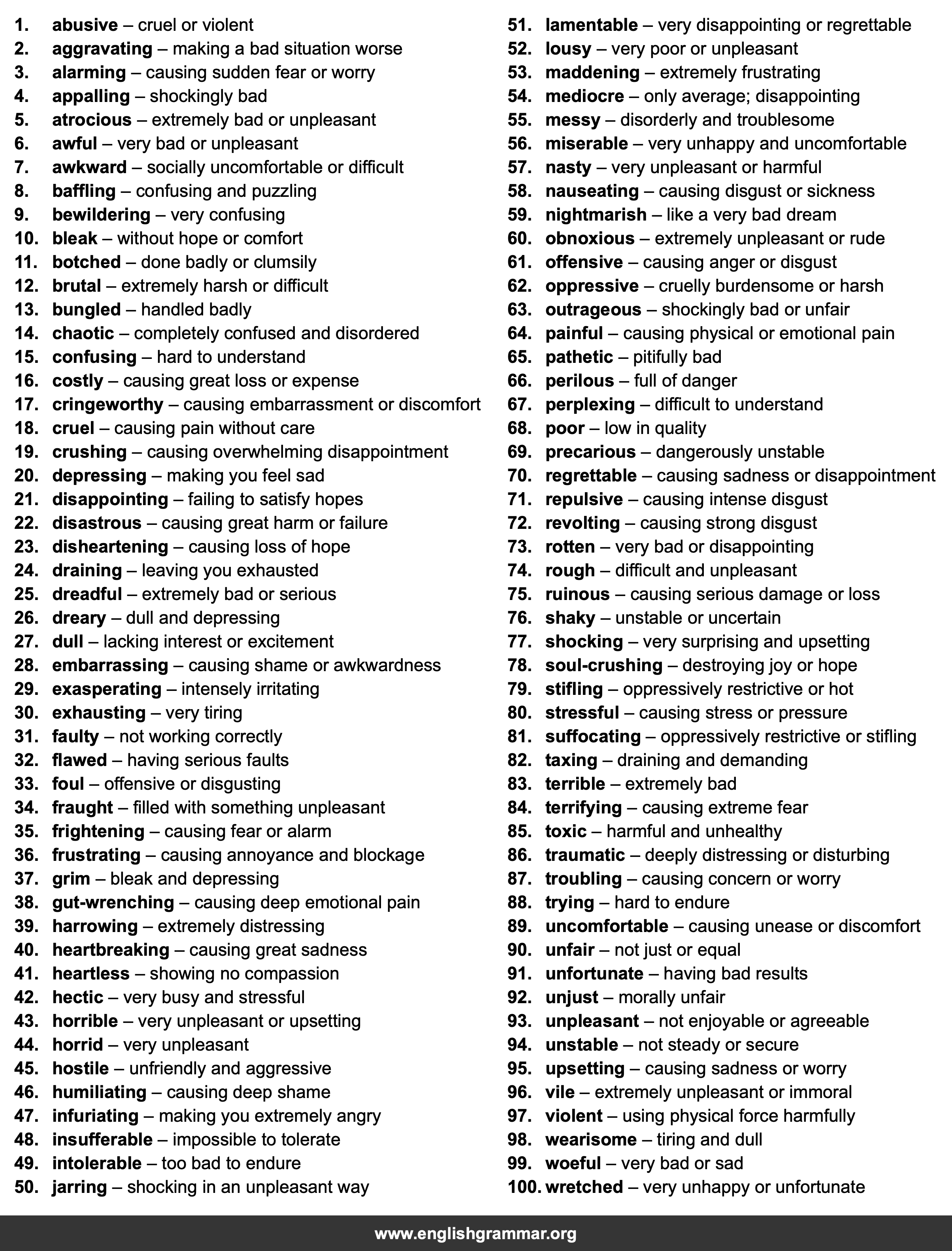 100 Words to Describe a Bad Experience
