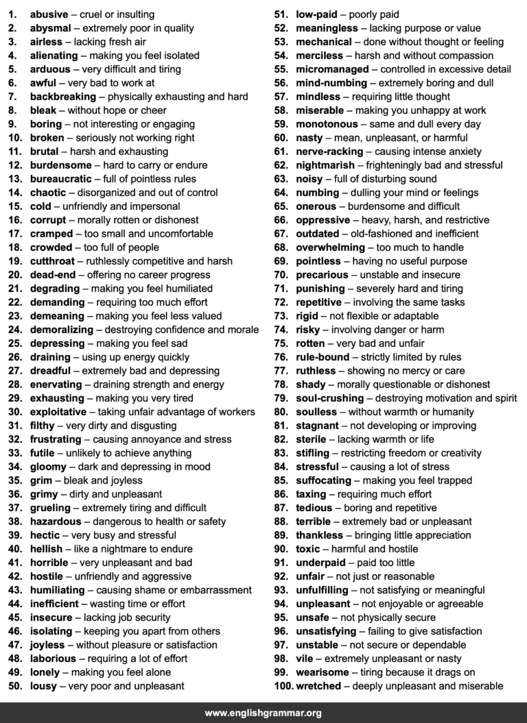 100 Words to Describe a Bad Job