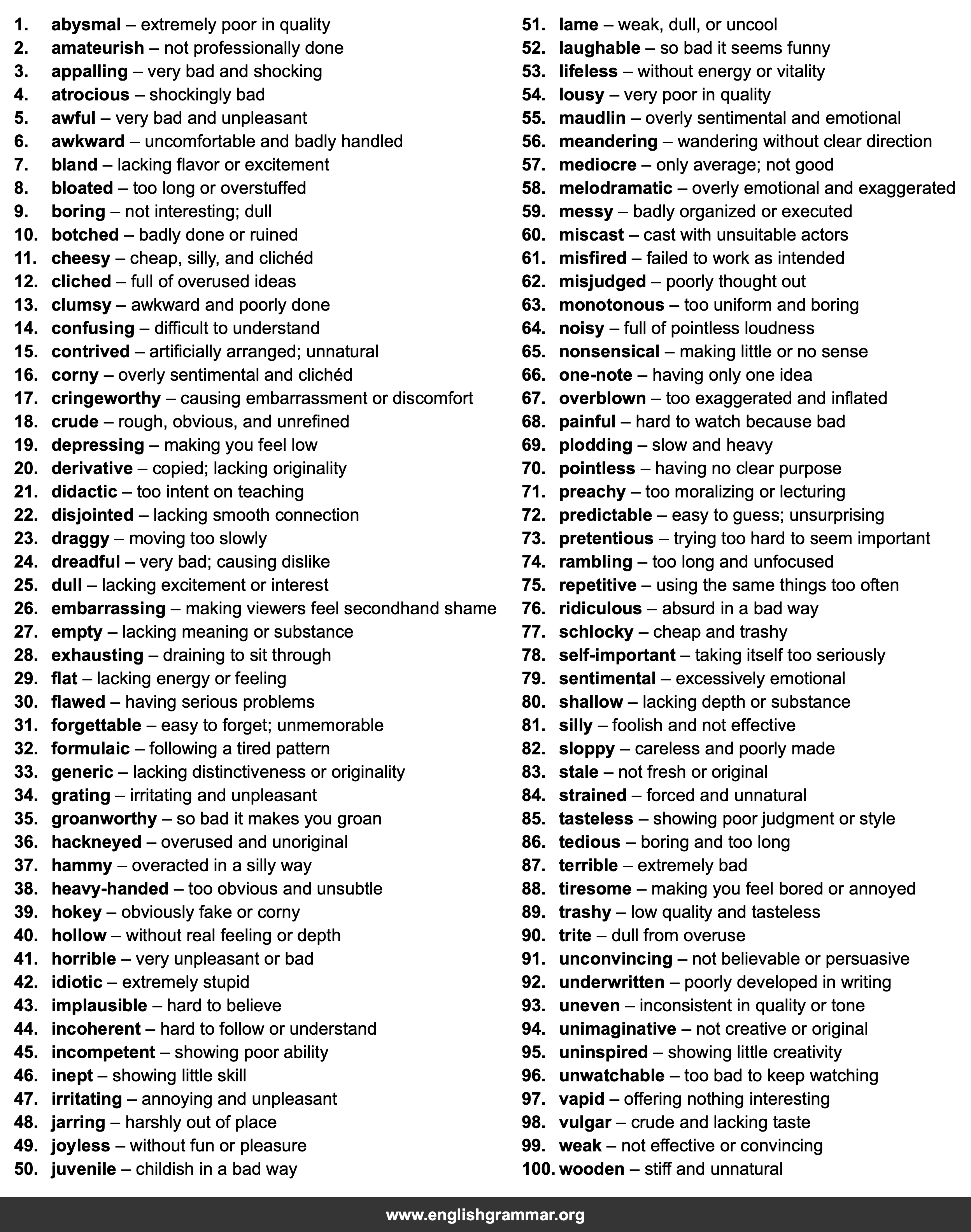 100 Words to Describe a Bad Movie