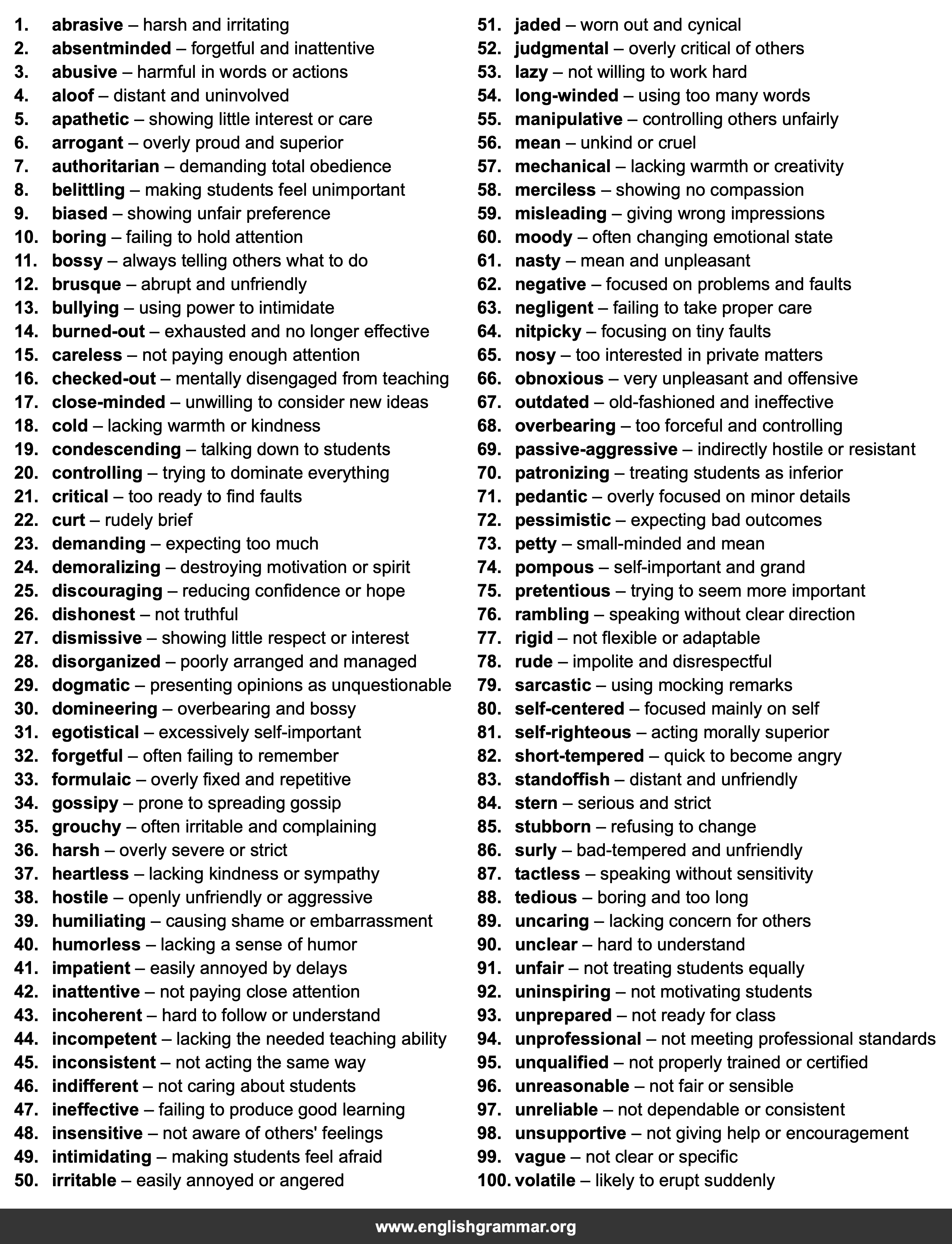100 Words to Describe a Bad Teacher