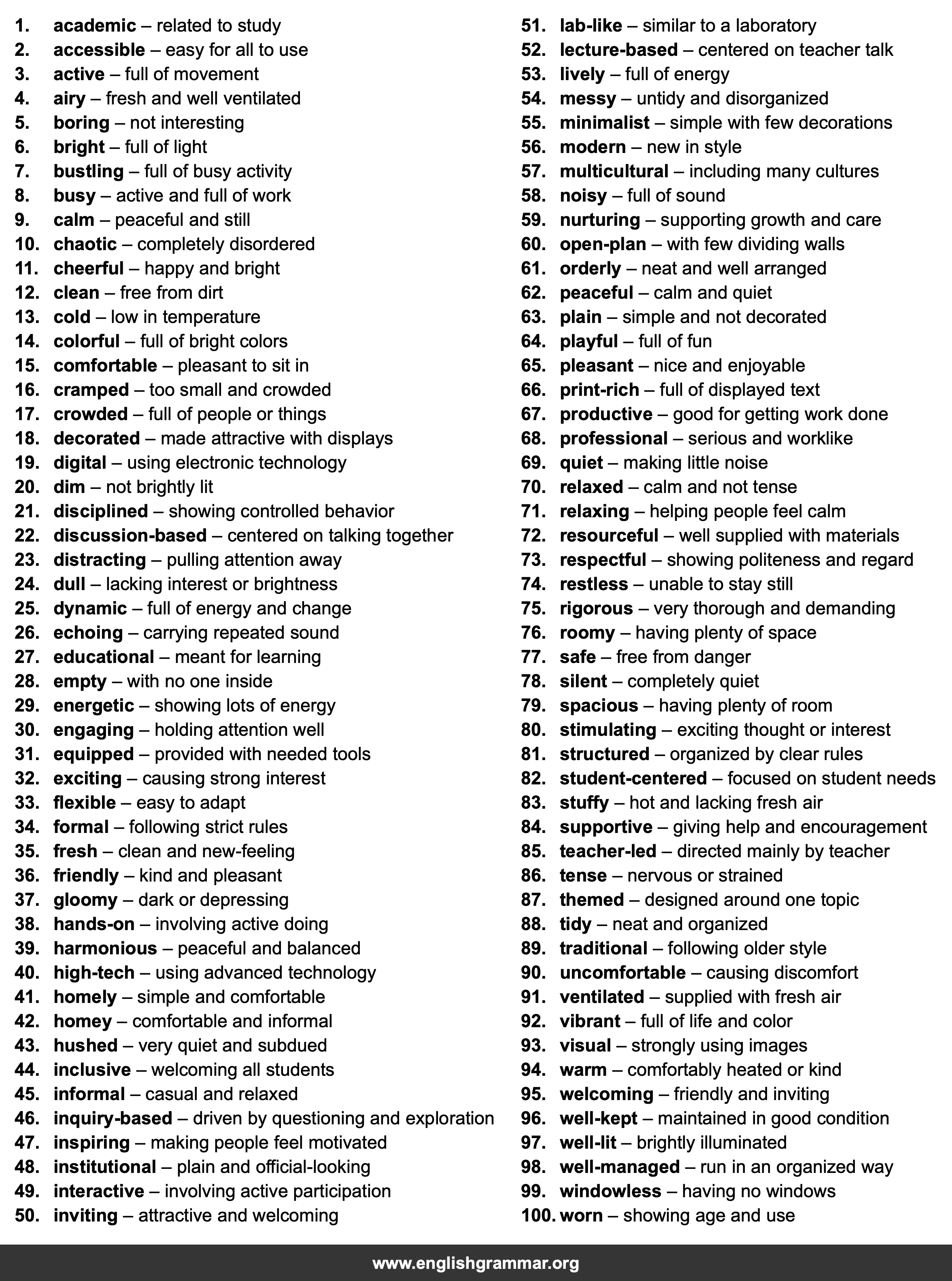 100 Words to Describe a Classroom