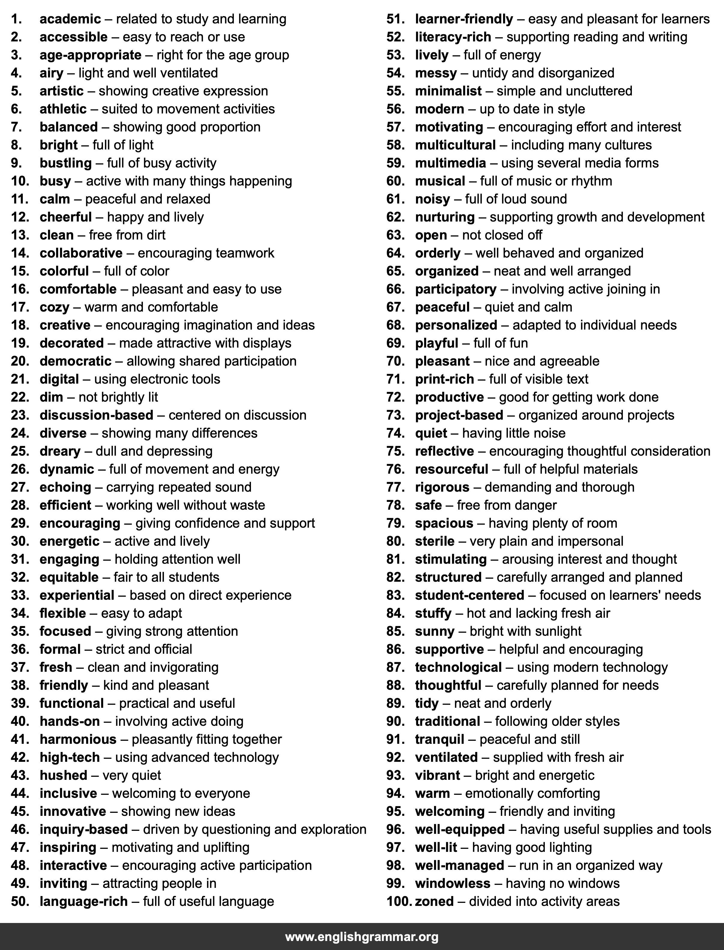 100 Words to Describe Classrooms