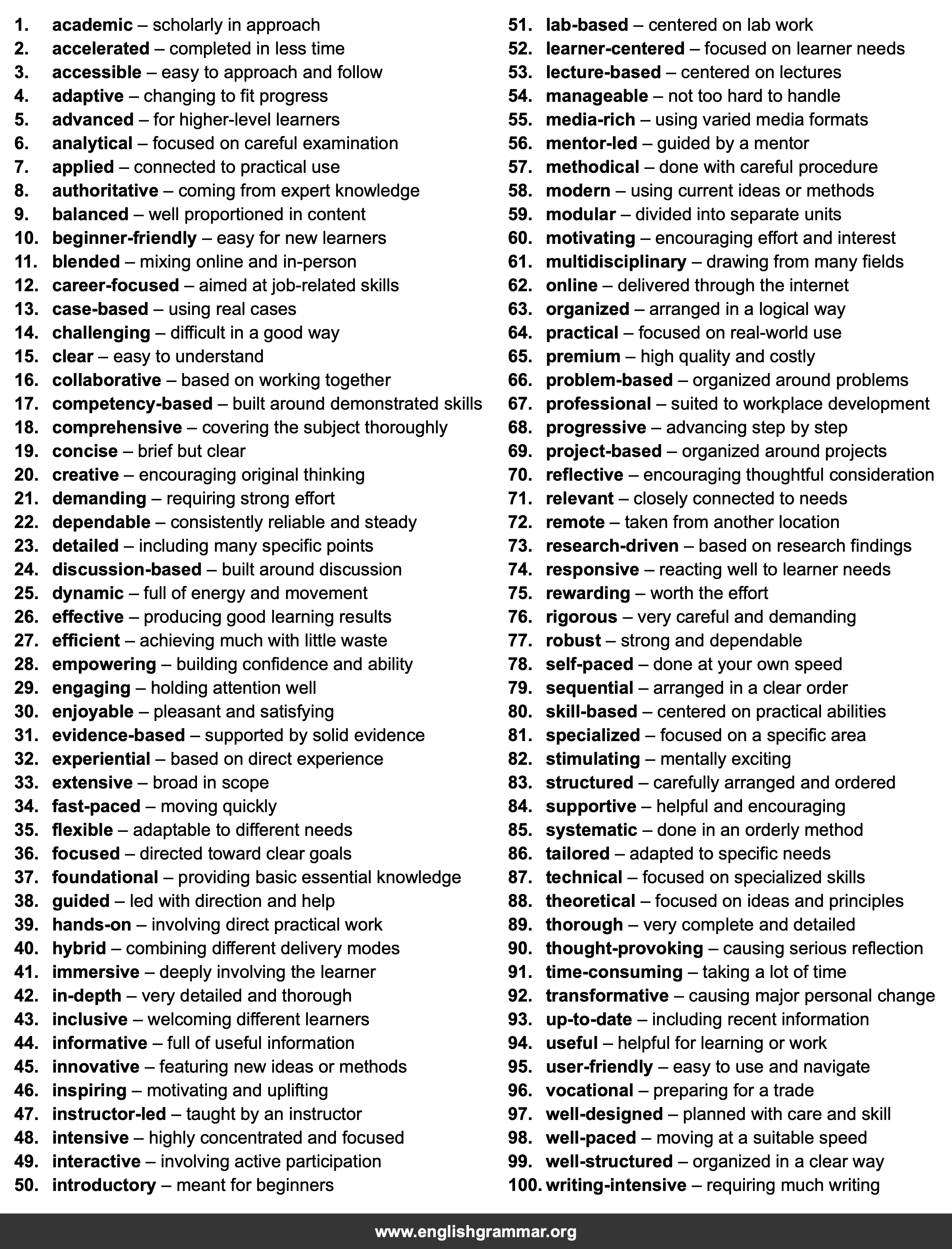 100 Words to Describe Courses