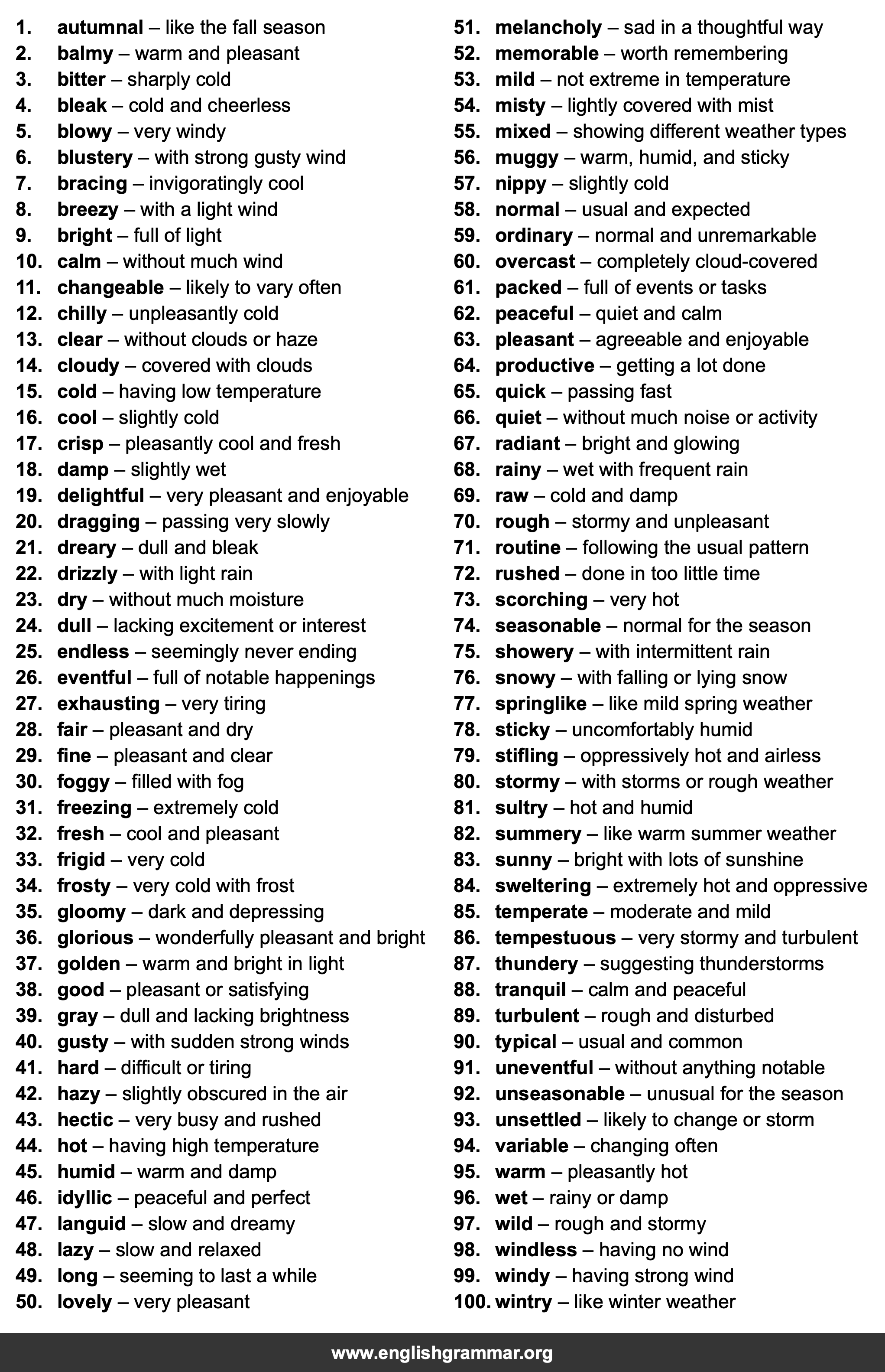 100 Words to Describe Days