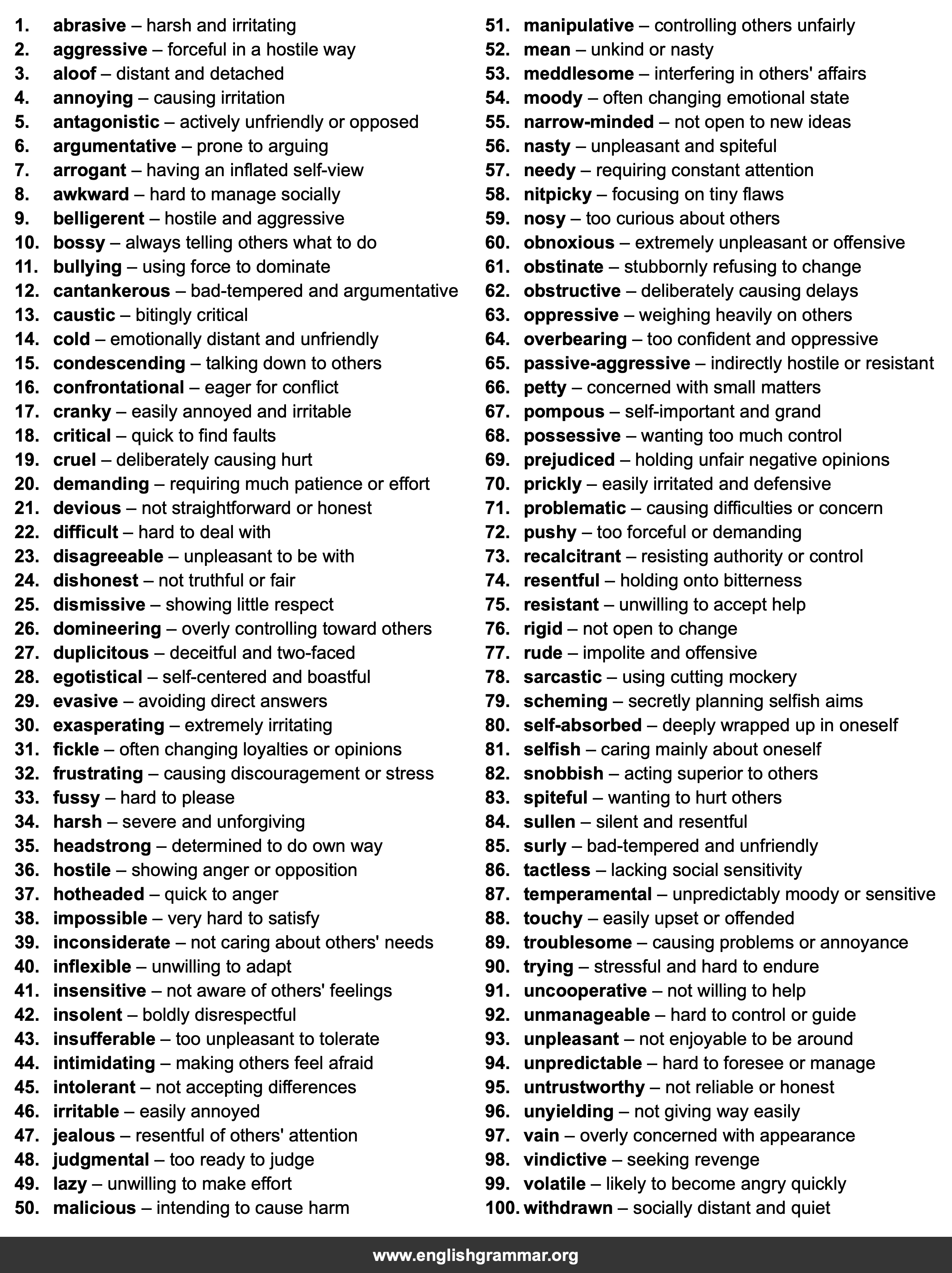 100 Words to Describe a Difficult Person