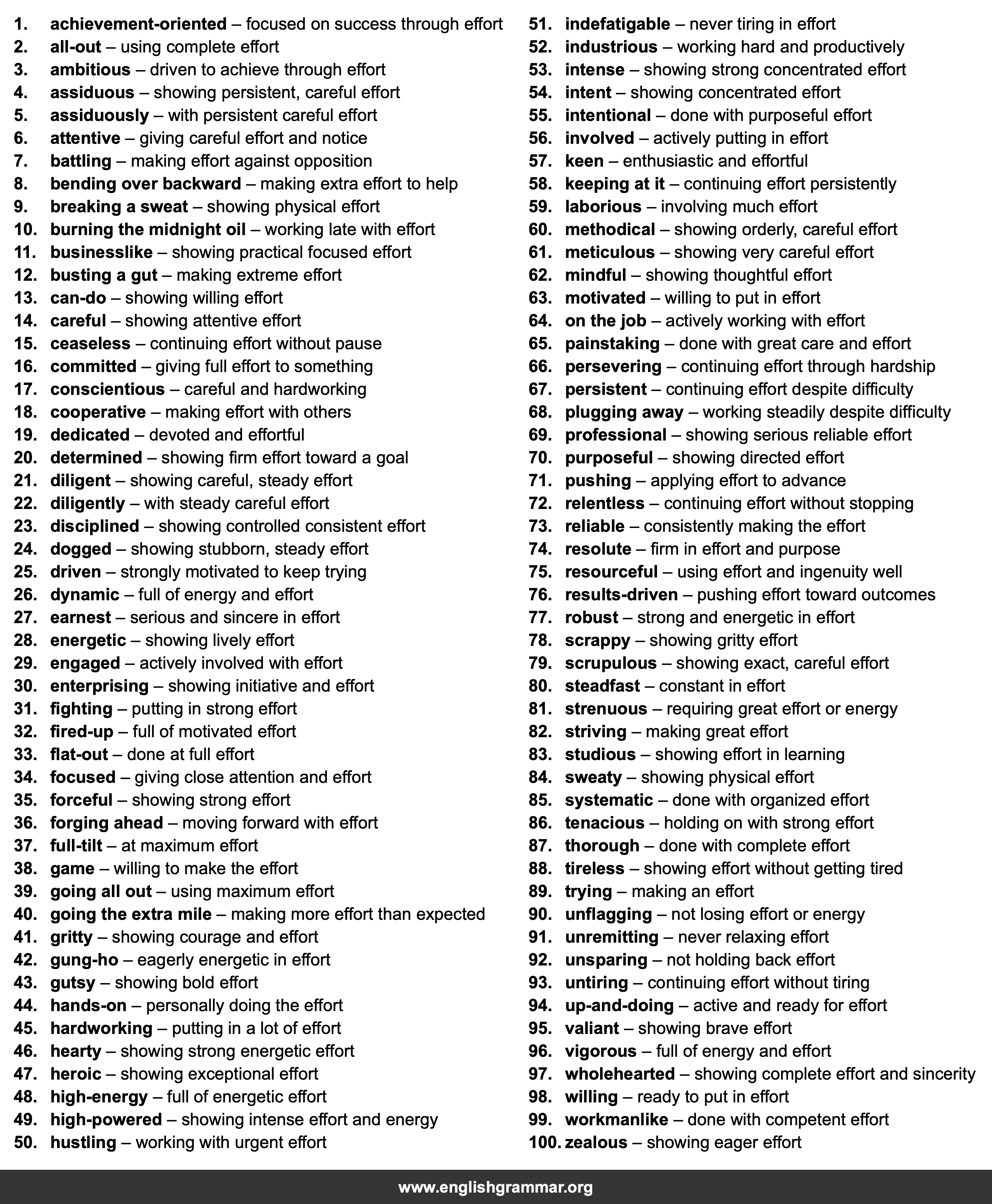 100 Words to Describe Effort