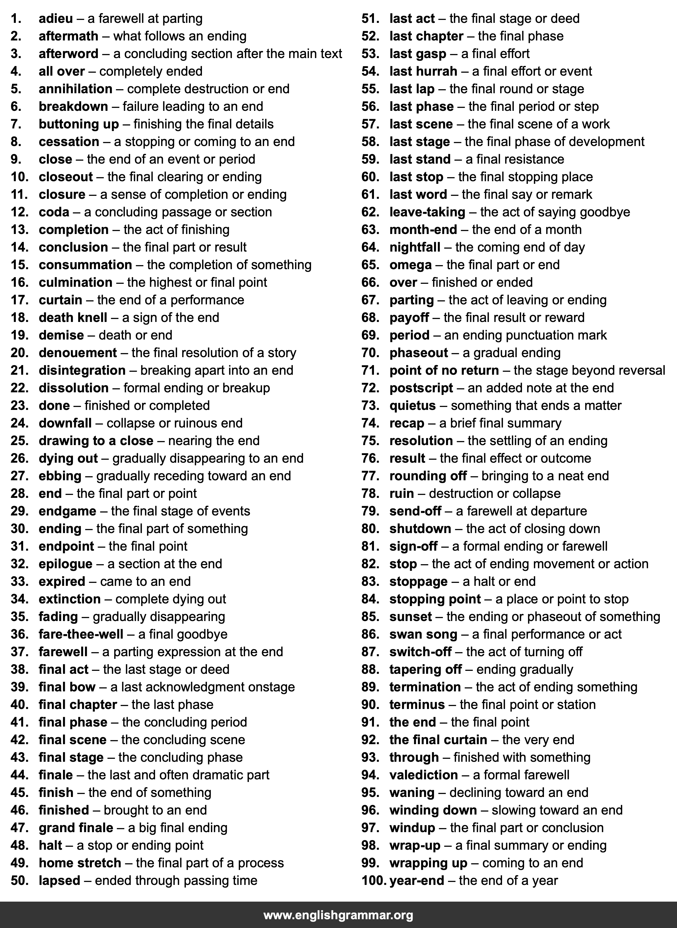 100 Words to Describe Endings