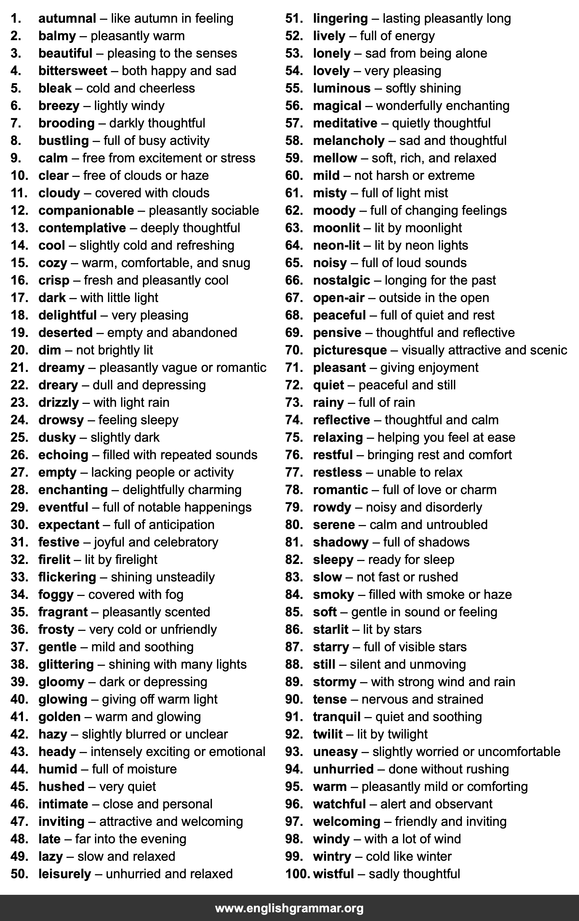 100 Words to Describe Evenings